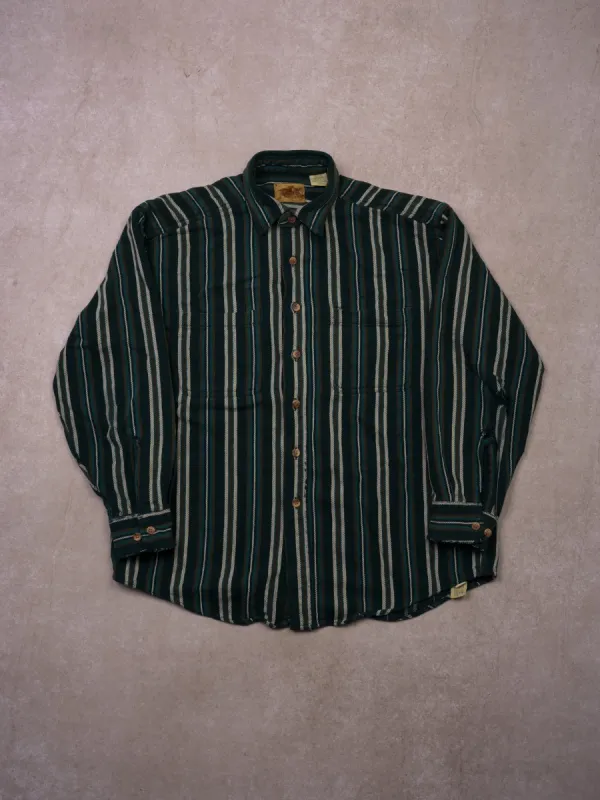 Vintage 90s Green, Brown, and White Stripe Collared Button Up (M/L) sold by Rebalance Vintage