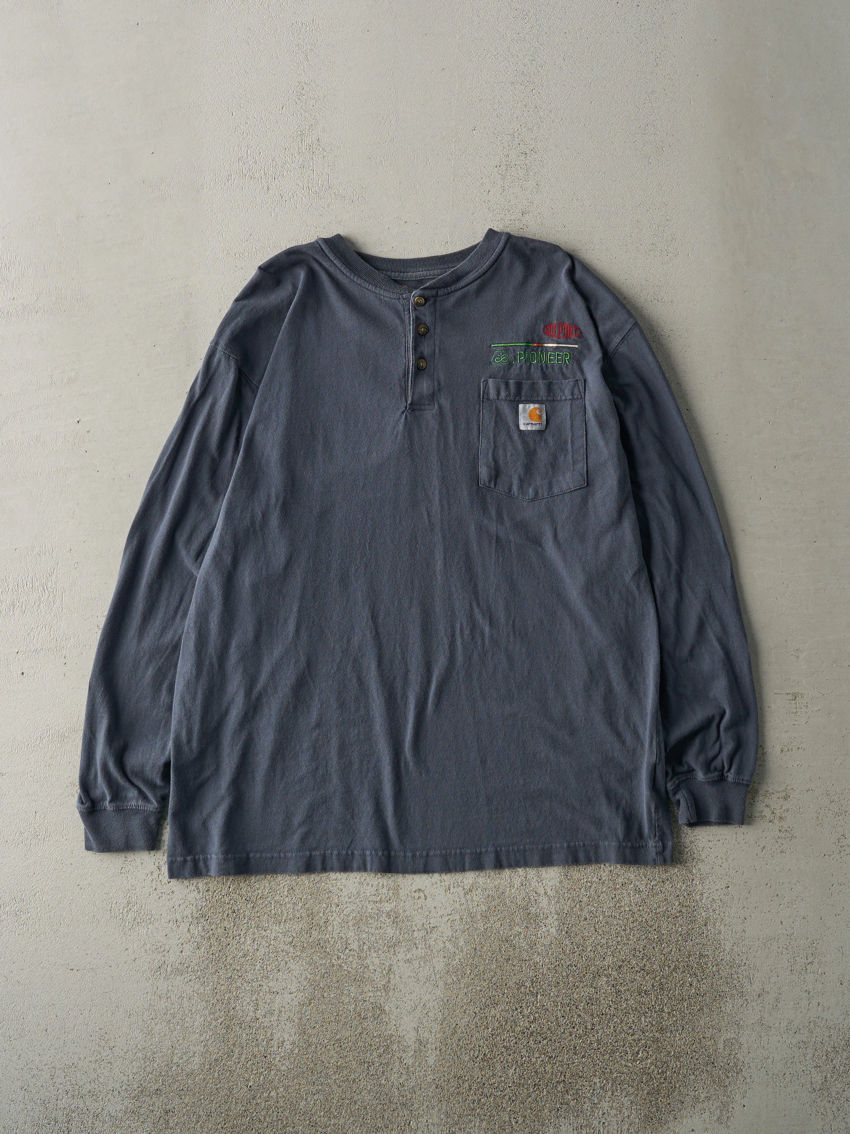 Vintage Y2K Navy Blue Carhartt Quarter Button Pocket Long Sleeve (L/XL) sold by Rebalance Vintage