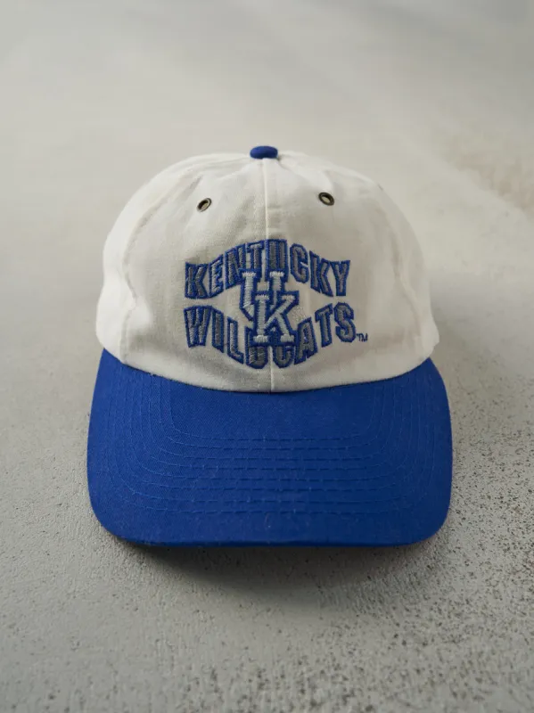 Vintage 80s White & Blue Embroidered University of Kentucky Wildcats Leather Strap Back Hat sold by Rebalance Vintage