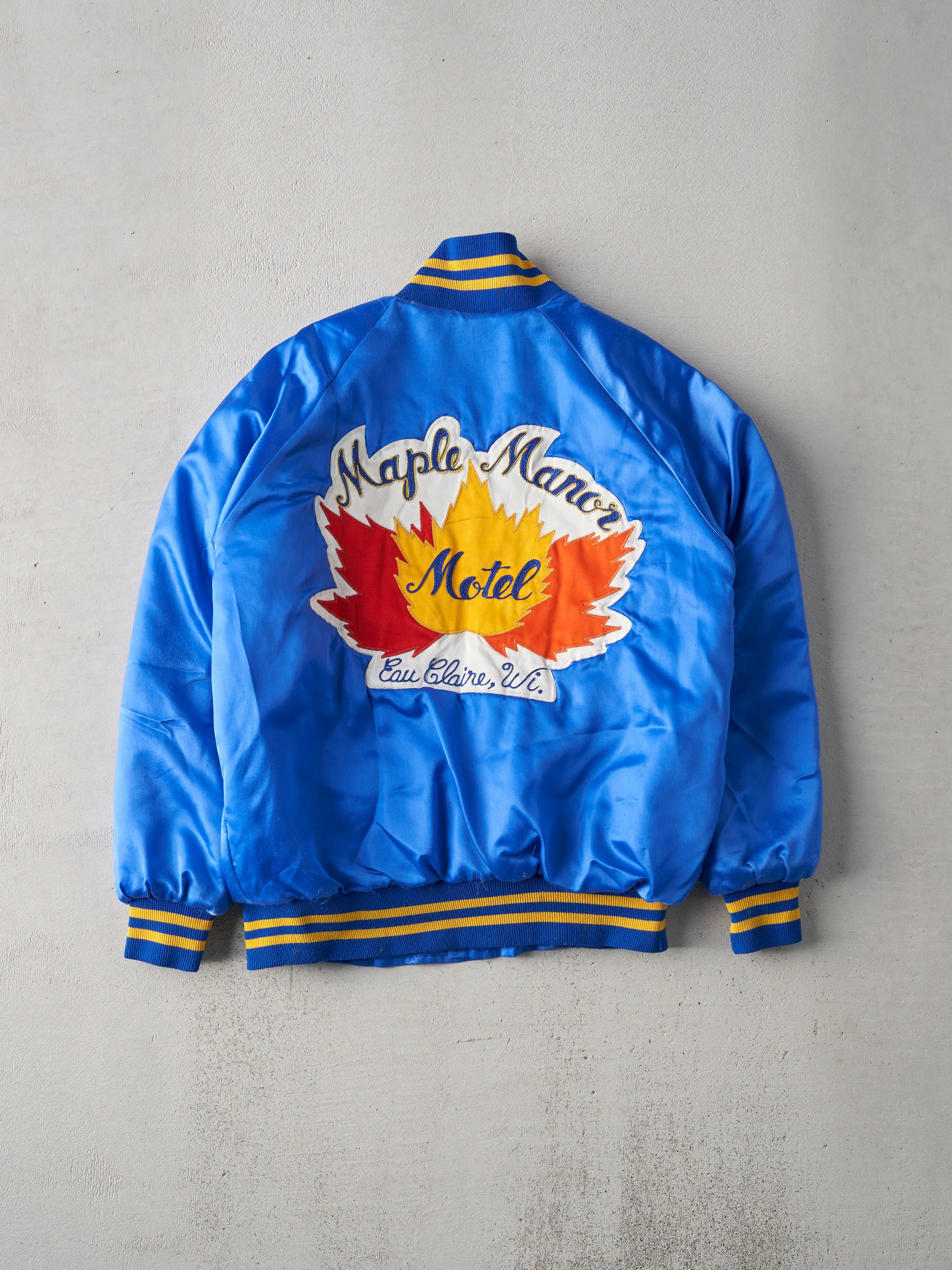 Vintage 70s Blue Maple Manor Satin Chain Stitched Bomber Jacket (M/L) sold by Rebalance Vintage