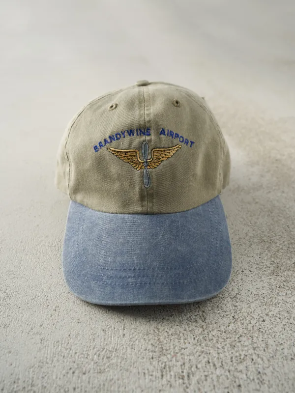Vintage 90s Beige & Blue Brandywine Airport Leather Strap Back Hat sold by Rebalance Vintage