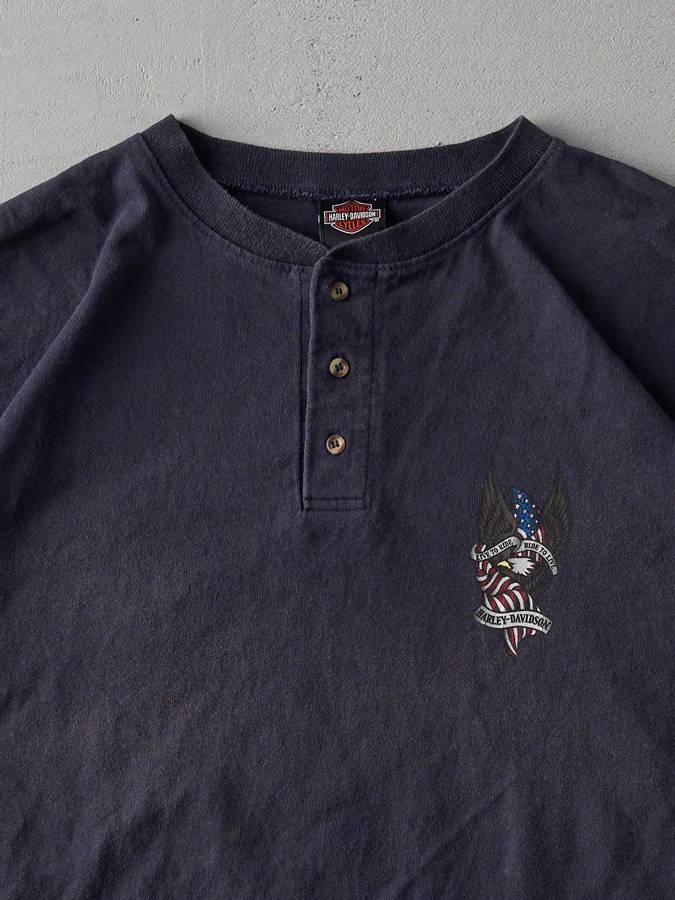Vintage Navy Harley Davidson Bridgewater, MA Quarter Button Shirt (L/XL) sold by Rebalance Vintage product image thumbnail 2