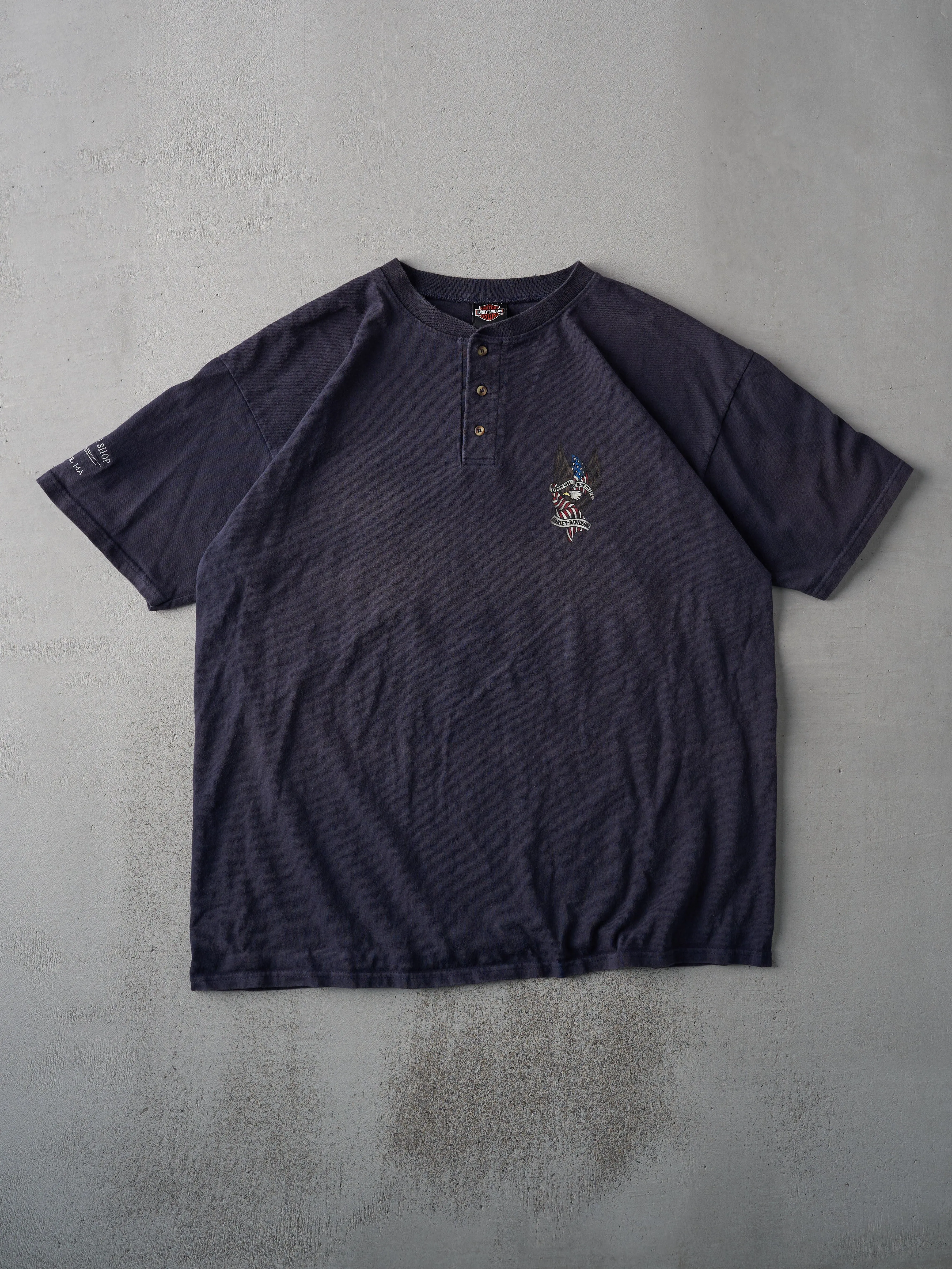 Vintage Navy Harley Davidson Bridgewater, MA Quarter Button Shirt (L/XL) sold by Rebalance Vintage