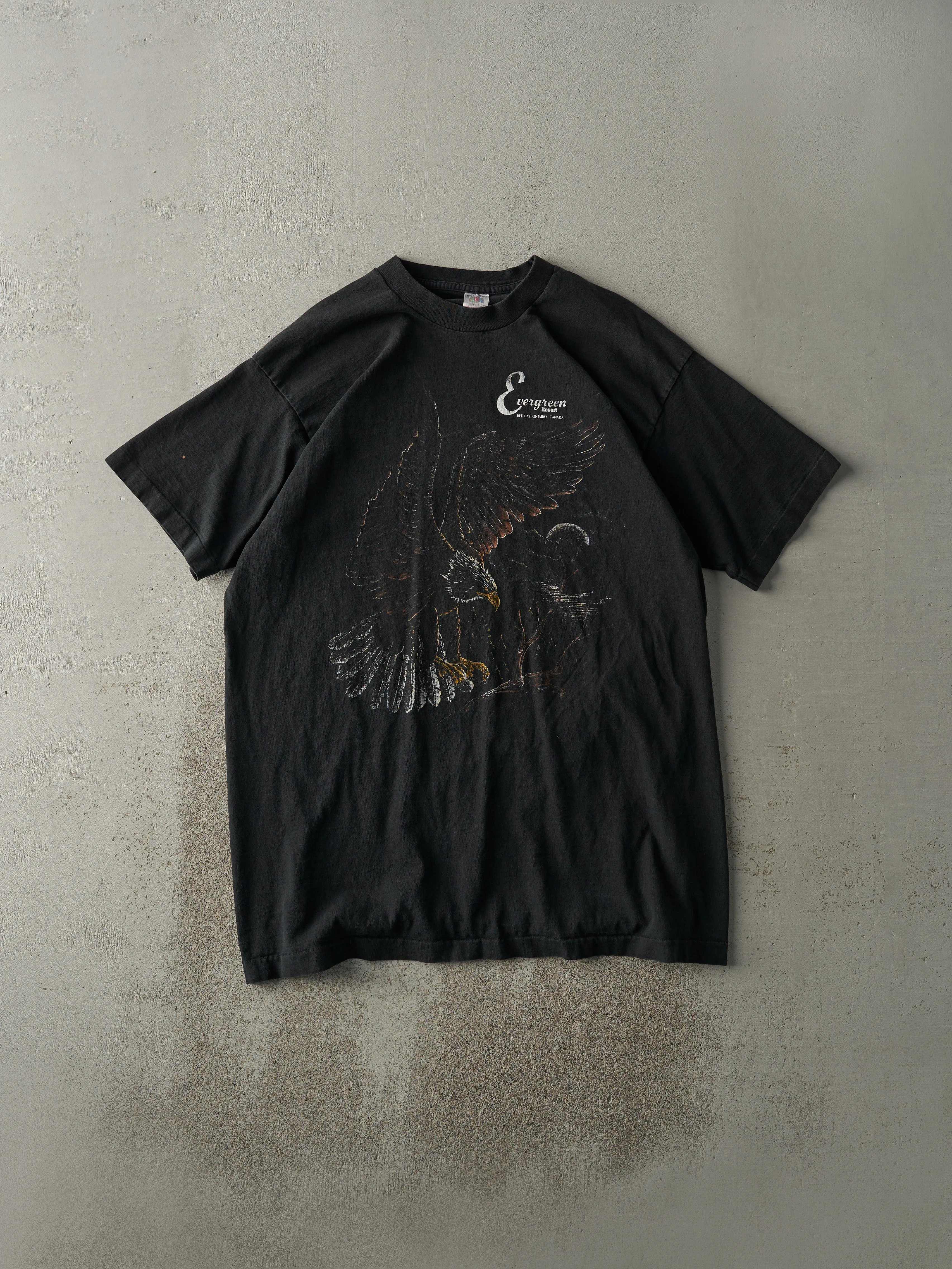 Vintage 90s Black Evergreen Resort Single Stitch Long Tee (XL) sold by Rebalance Vintage