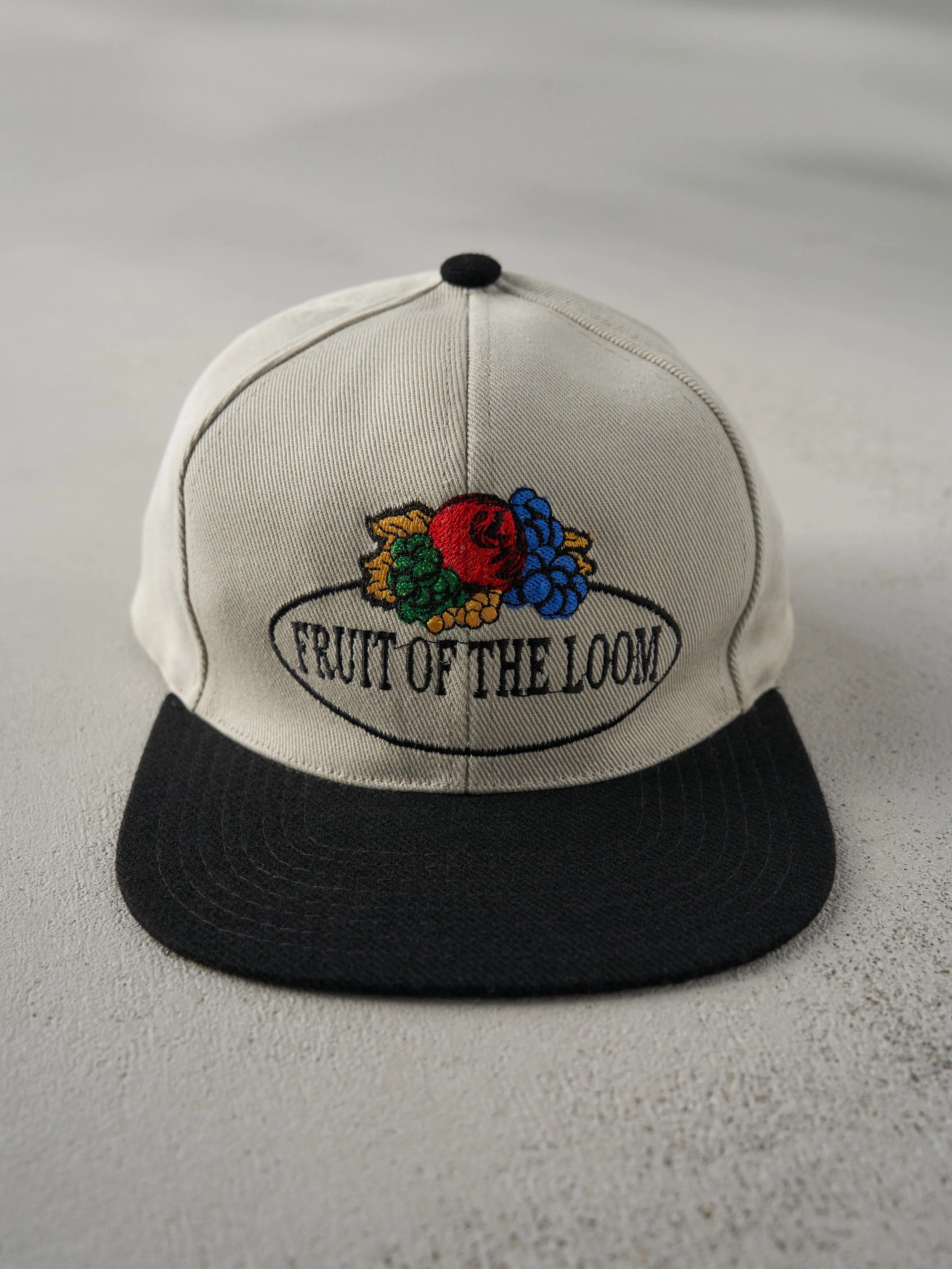 Vintage 90s Beige RARE Fruit Of The Loom Two Tone Embroidered Snapback Hat sold by Rebalance Vintage
