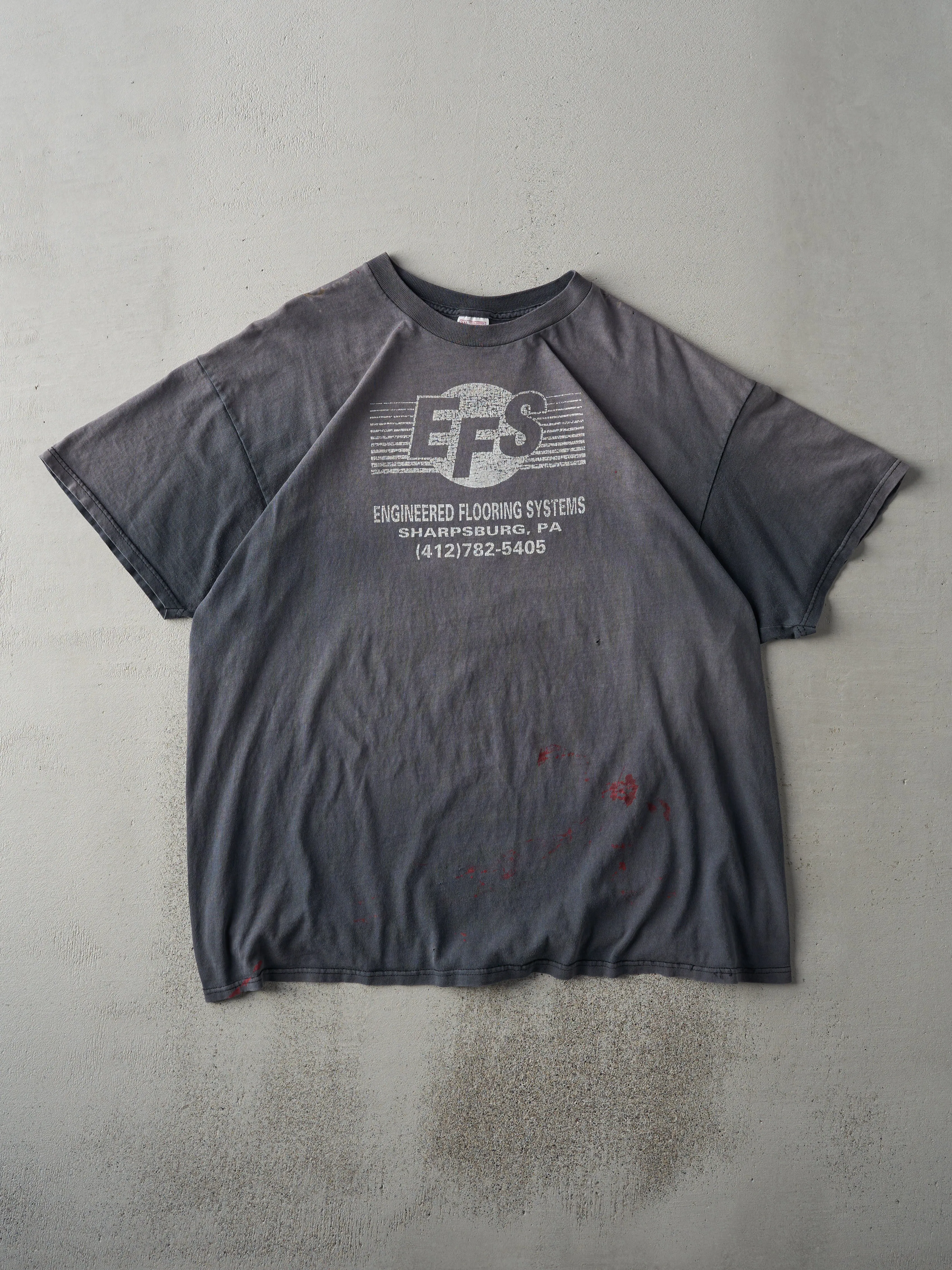 Vintage 90s Faded Black Engineered Flooring Systems Logo Tee (L/XL) sold by Rebalance Vintage