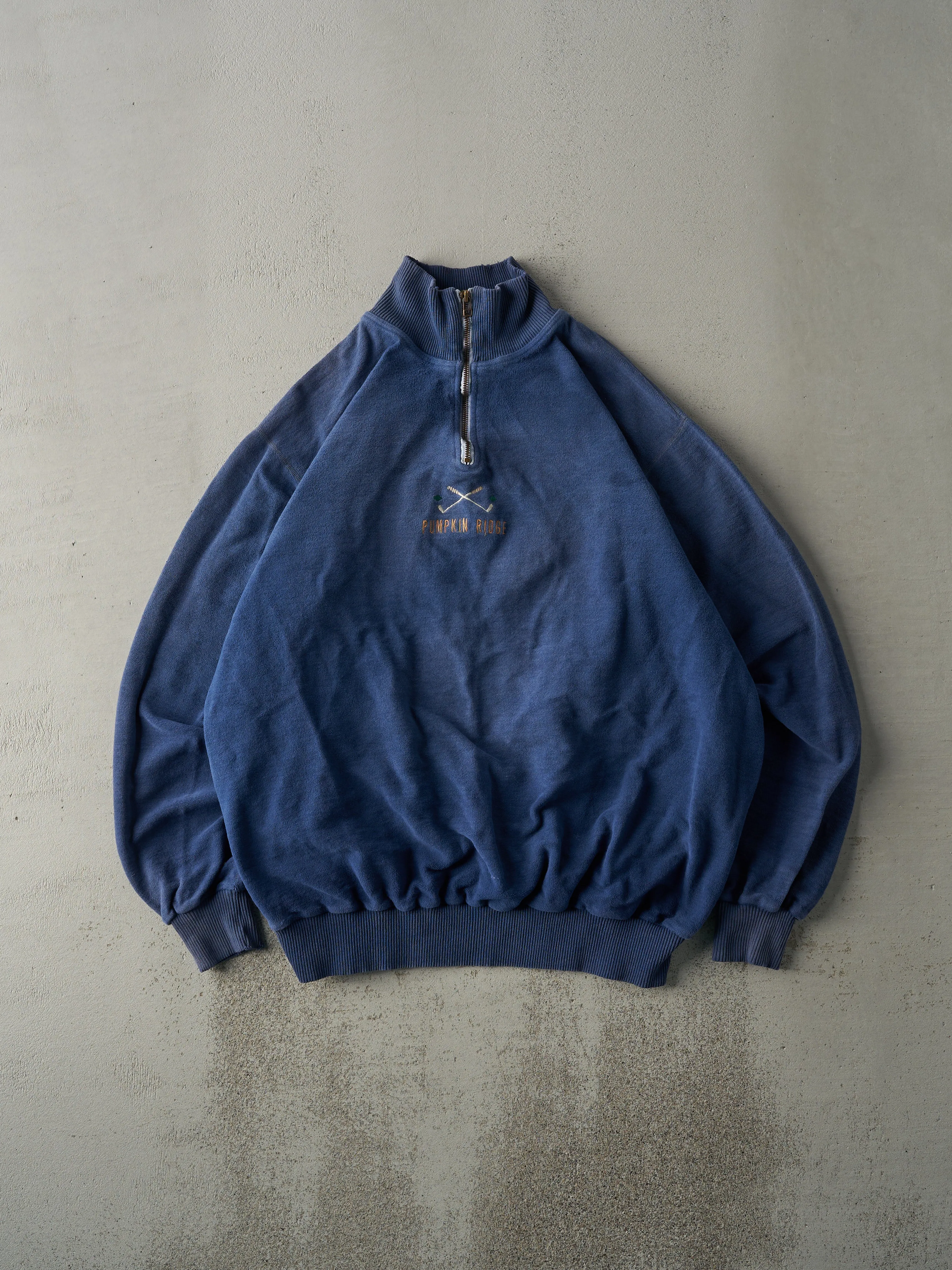 Vintage 90s Blue Inside Out Embroidered Golf Quarter Zip Sweater (XL) sold by Rebalance Vintage
