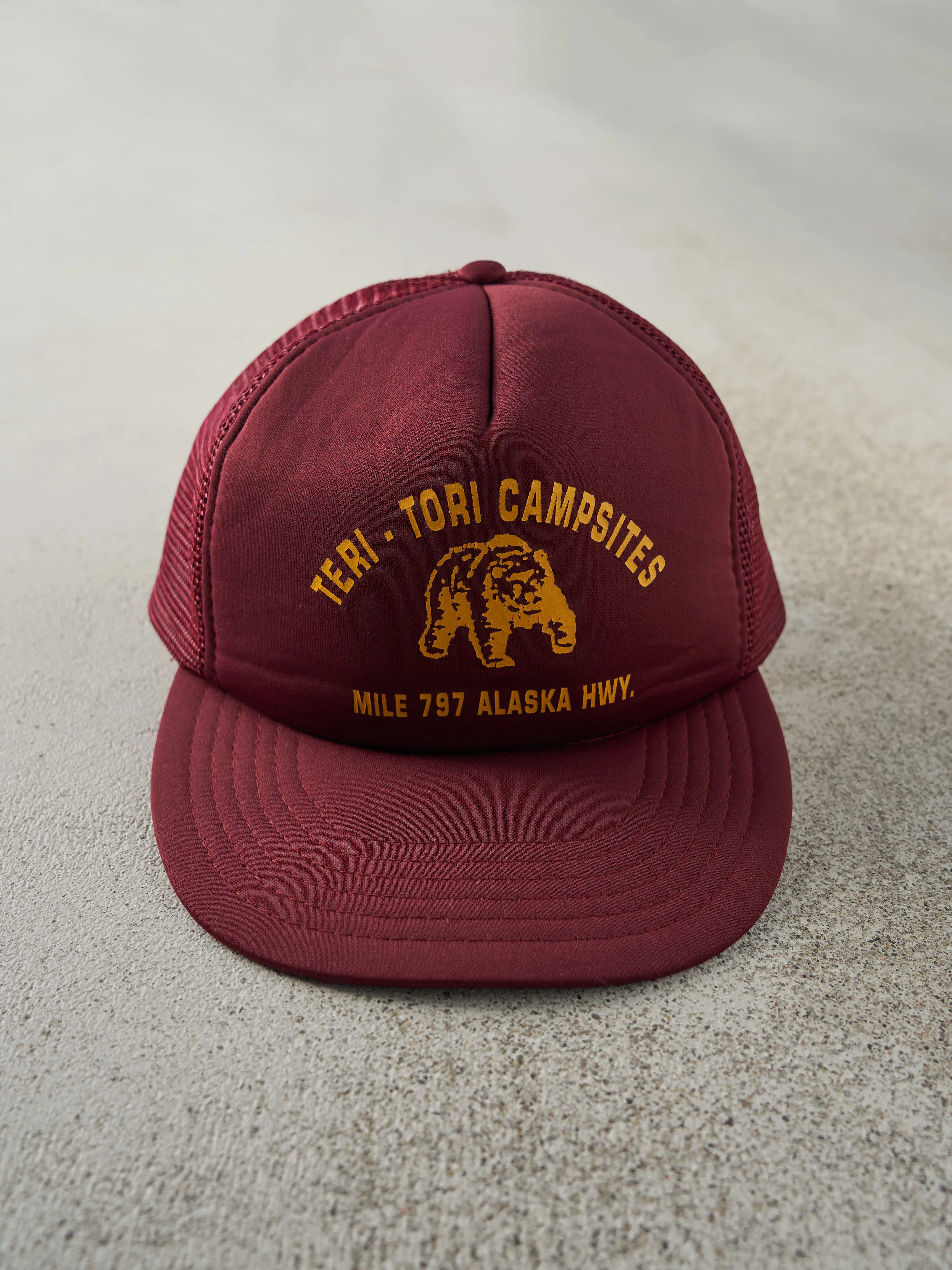 Vintage 80s Burgundy Camping Foam Trucker Hat sold by Rebalance Vintage