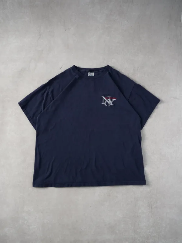 Vintage 90s Faded Blue NYC Embroidery Tee (L) sold by Rebalance Vintage
