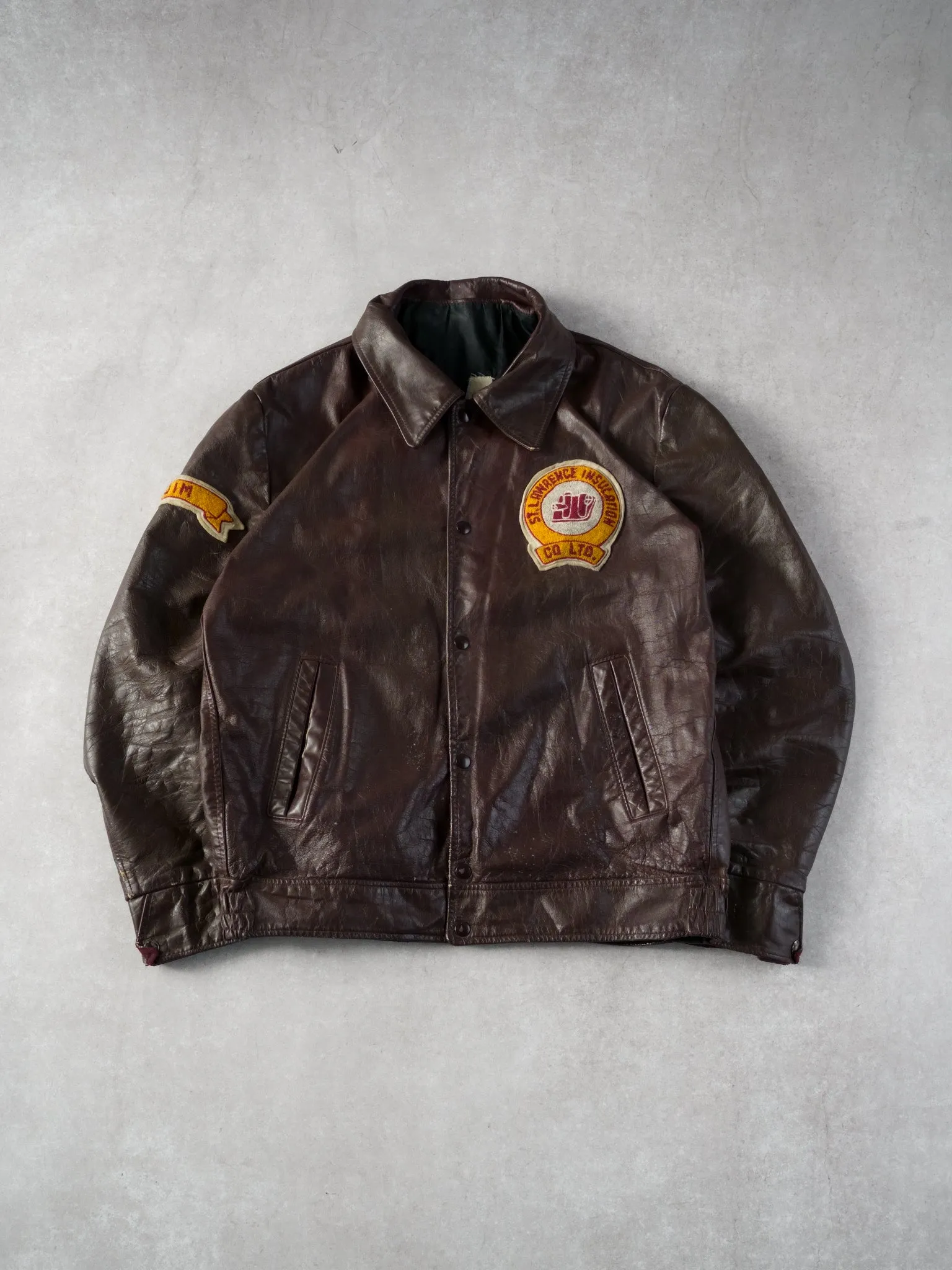Vintage 70s Maroon St Lawrence Insulation Co Collared Leather Jacket (L) sold by Rebalance Vintage