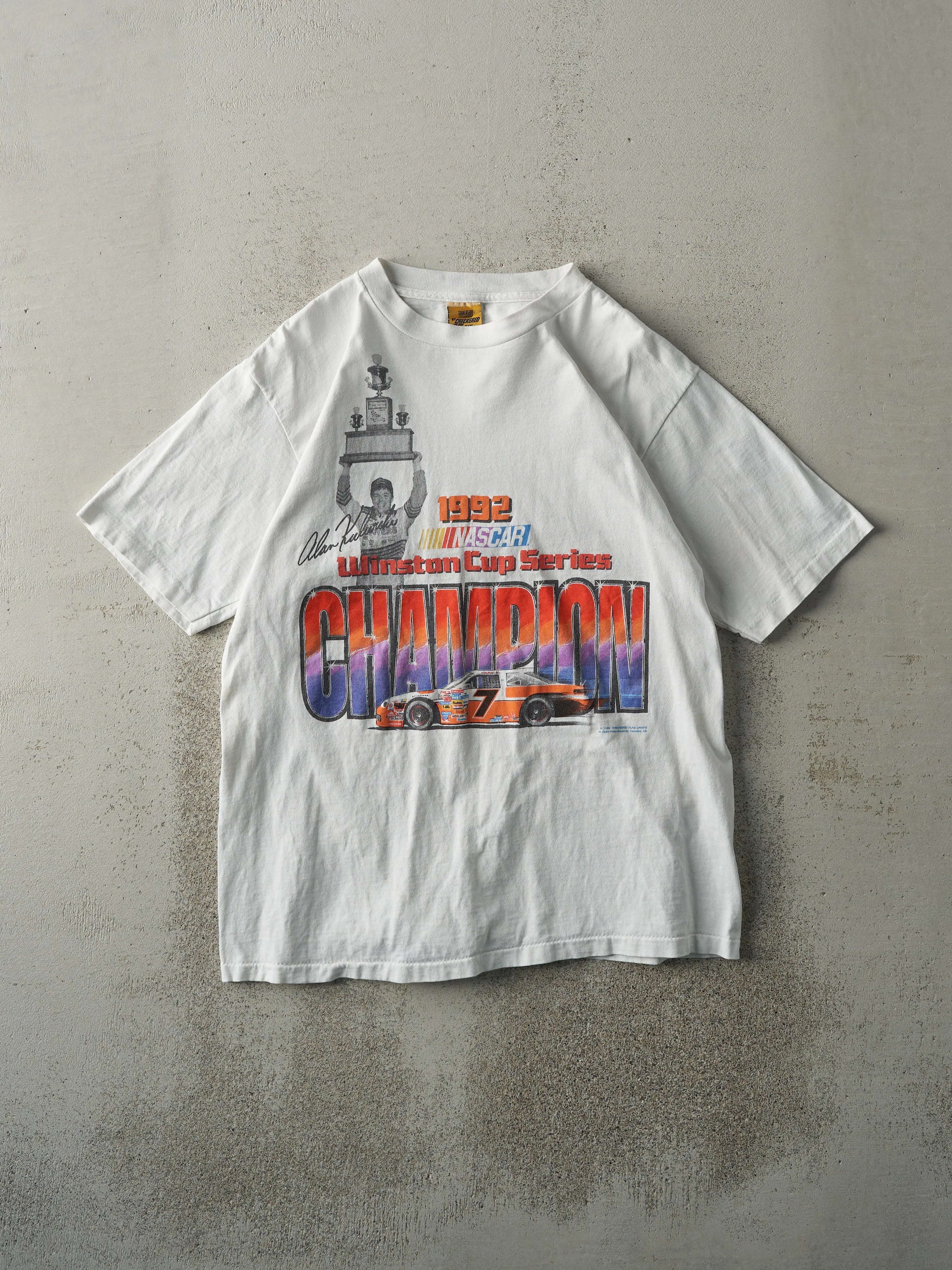 Vintage 92' White Winston Cup Series Champion Alan Kulwicki Single Stitch Racing Tee (S/M) sold by Rebalance Vintage