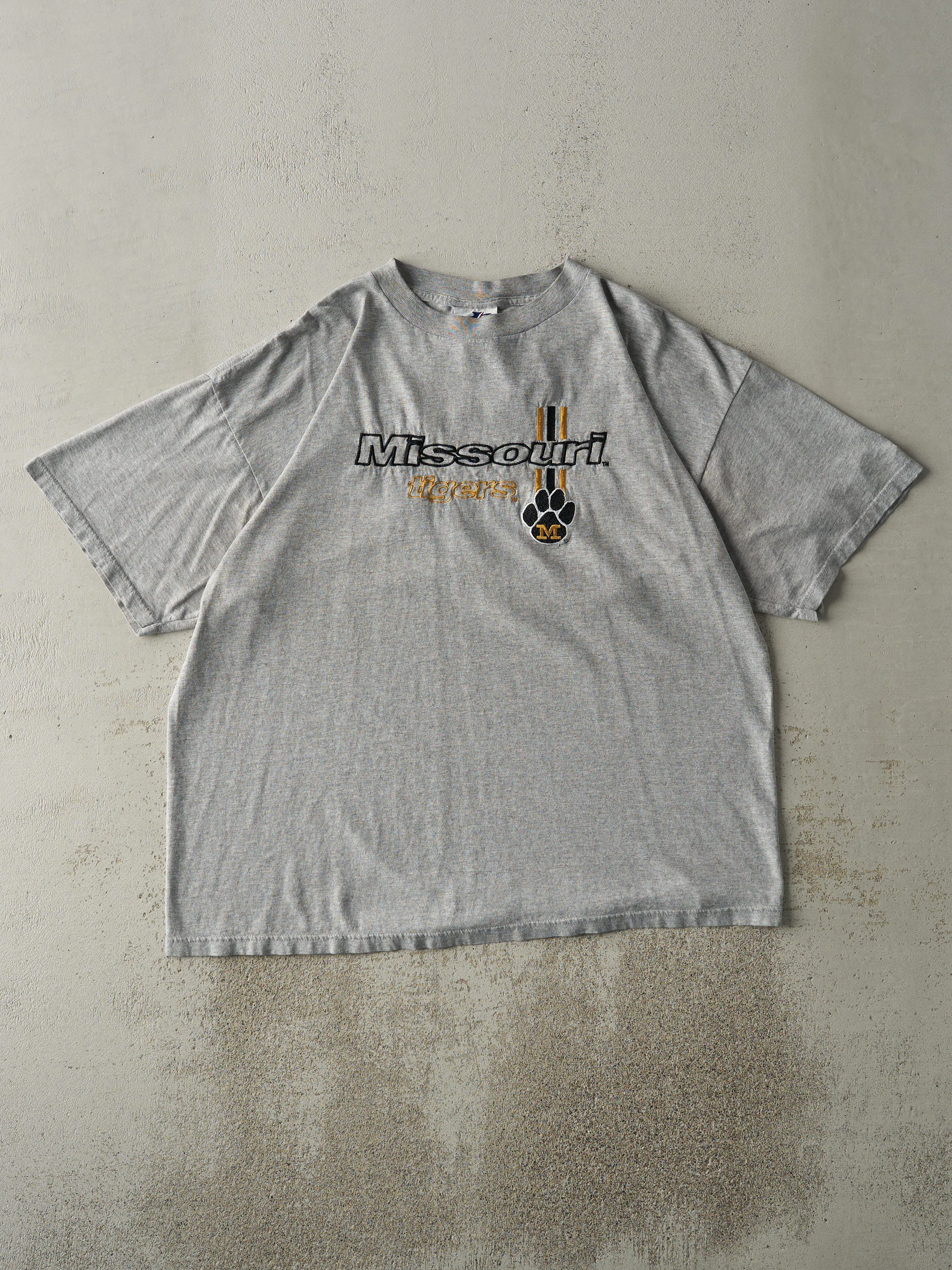 Vintage 90s Grey Embroidered University of Missouri Tigers Tee (XL) sold by Rebalance Vintage
