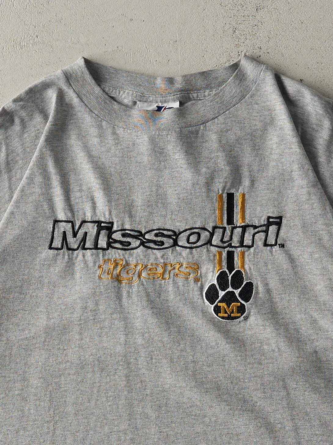 Vintage 90s Grey Embroidered University of Missouri Tigers Tee (XL) sold by Rebalance Vintage product image thumbnail 2
