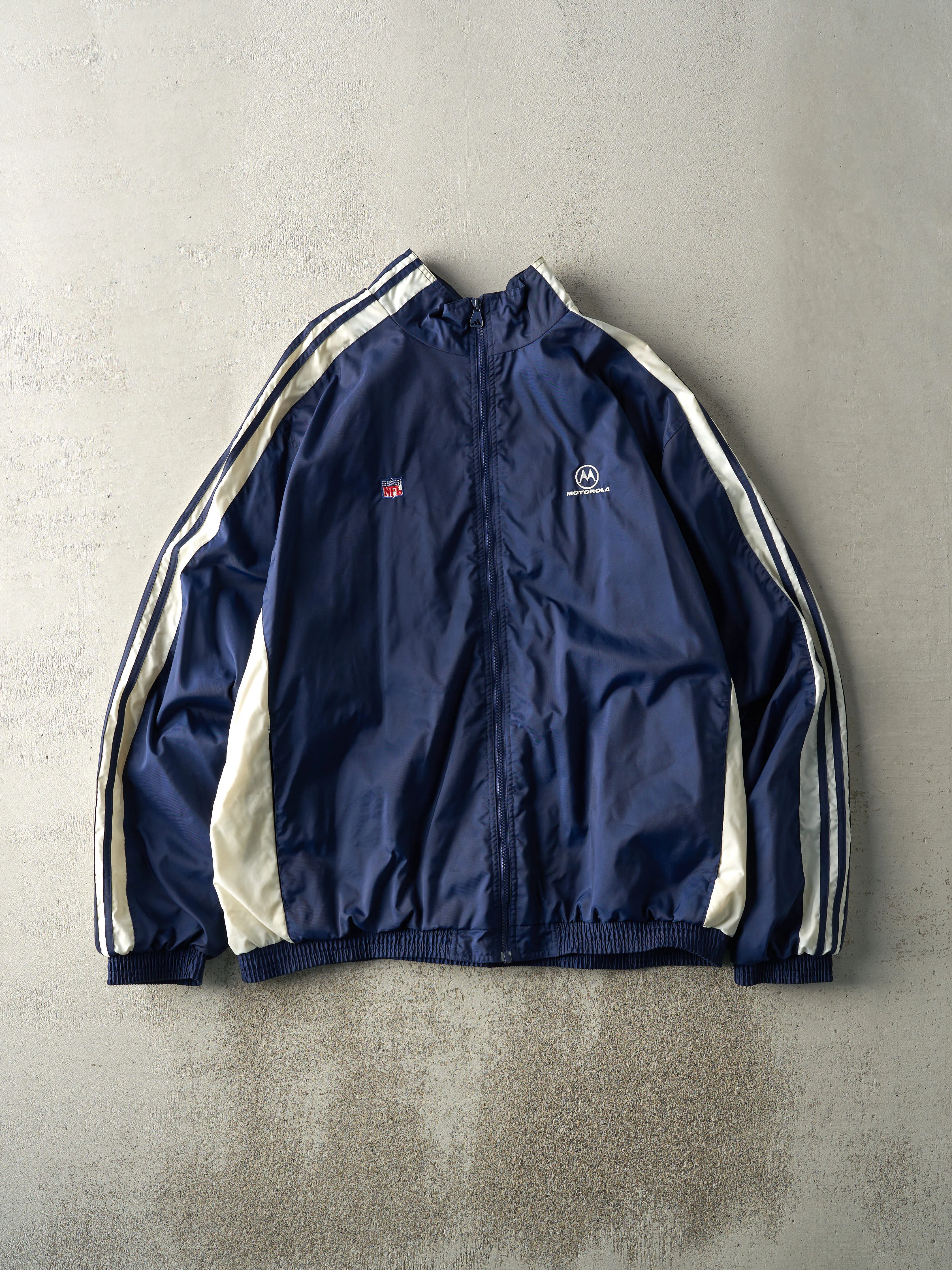 Vintage Y2K Navy Blue & White NFL x Motorola Zip Up Windbreaker Jacket (L/XL) sold by Rebalance Vintage