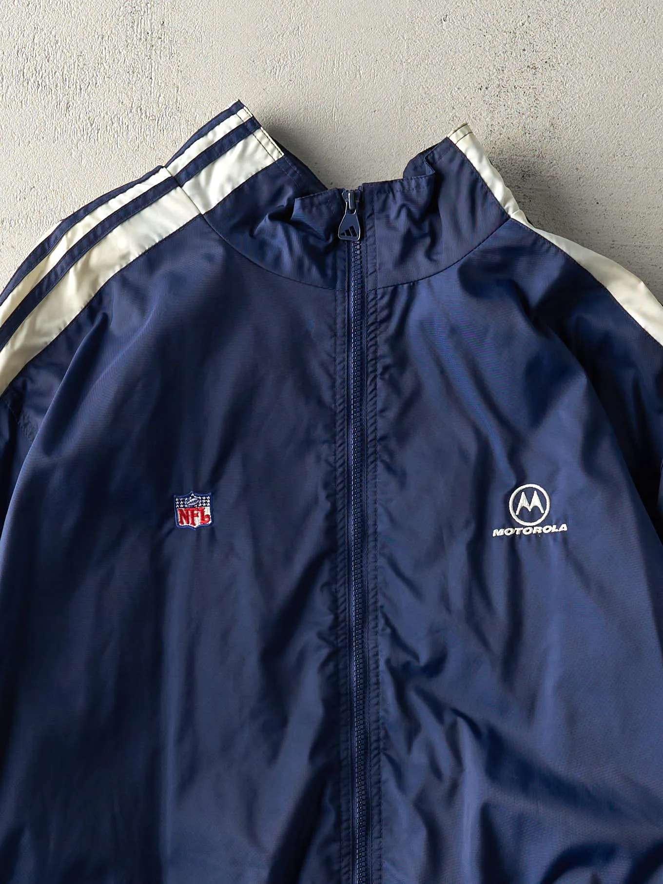 Vintage Y2K Navy Blue & White NFL x Motorola Zip Up Windbreaker Jacket (L/XL) sold by Rebalance Vintage product image thumbnail 3