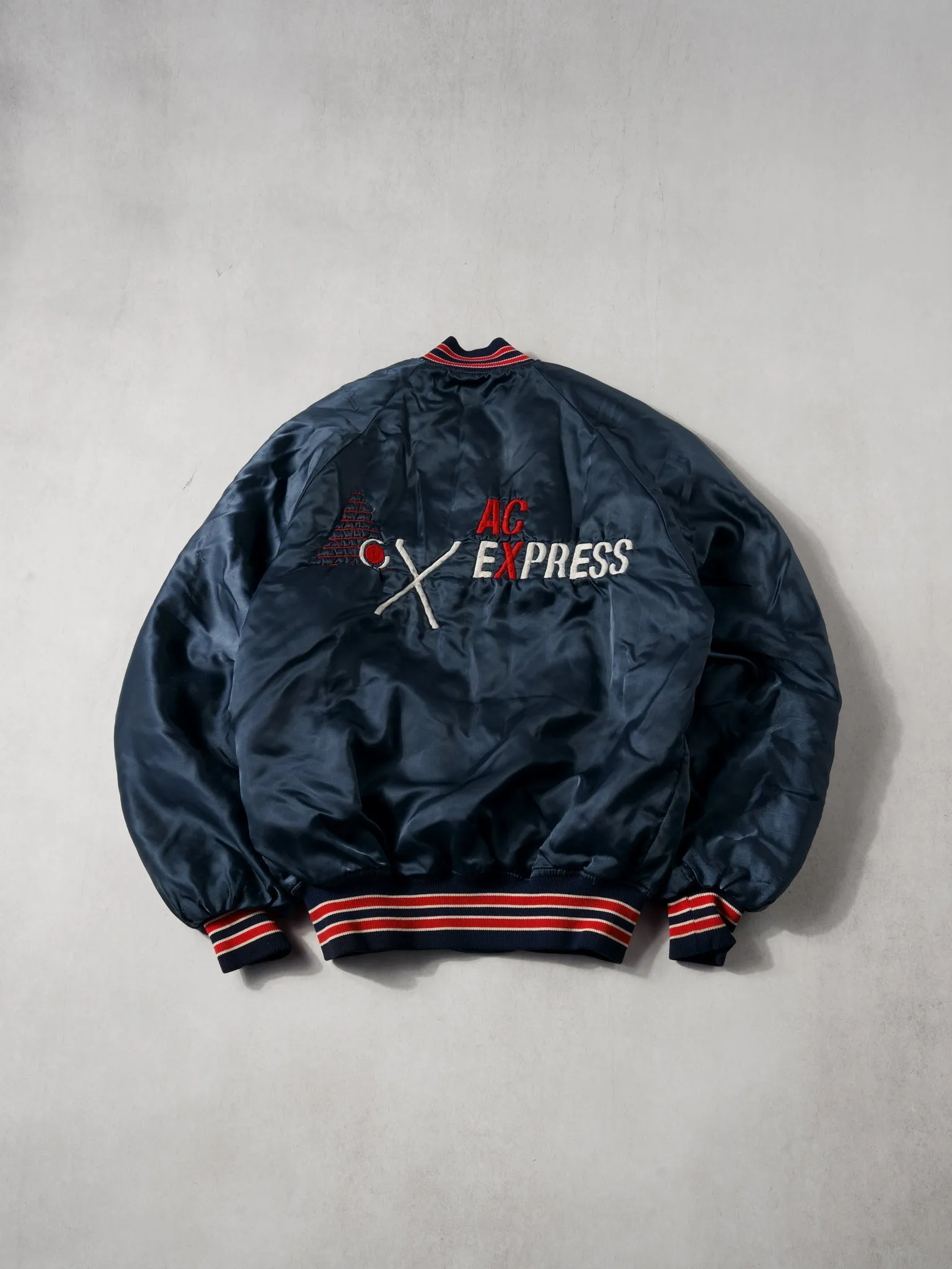 Vintabe 90s Navy Blue and Red AC Express Bomber Jacket (L) sold by Rebalance Vintage product image thumbnail 4