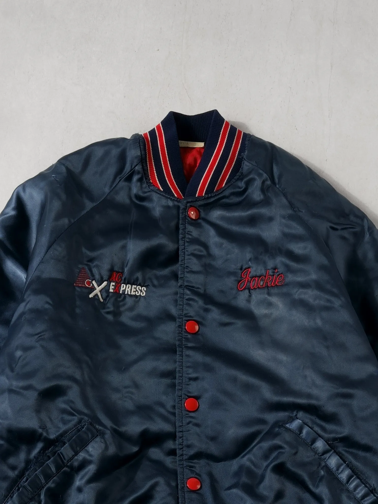 Vintabe 90s Navy Blue and Red AC Express Bomber Jacket (L) sold by Rebalance Vintage product image thumbnail 2