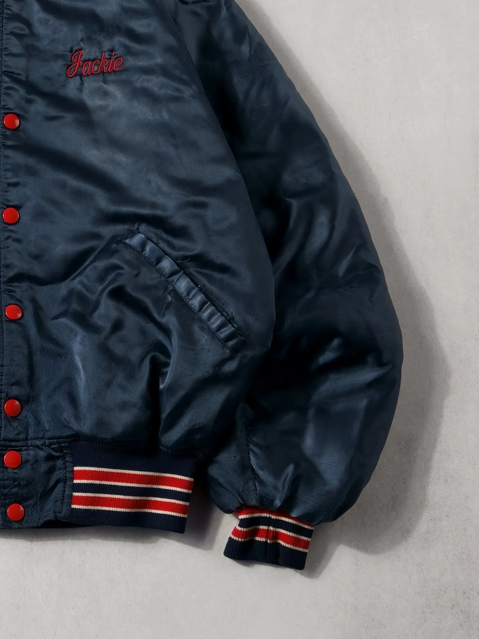 Vintabe 90s Navy Blue and Red AC Express Bomber Jacket (L) sold by Rebalance Vintage product image thumbnail 3