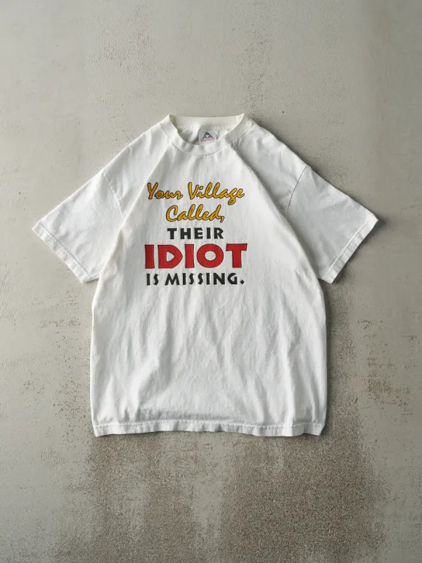 Vintage Y2K White Village Idiot Slogan Tee (M) sold by Rebalance Vintage