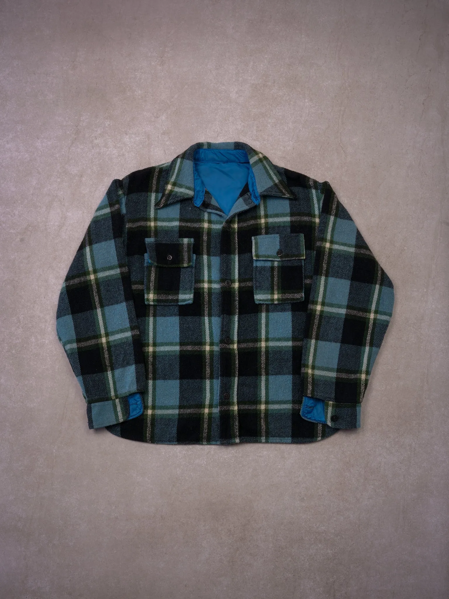 Vintage 90s Coral Blue Plaid Wool Flannel (M/L) sold by Rebalance Vintage