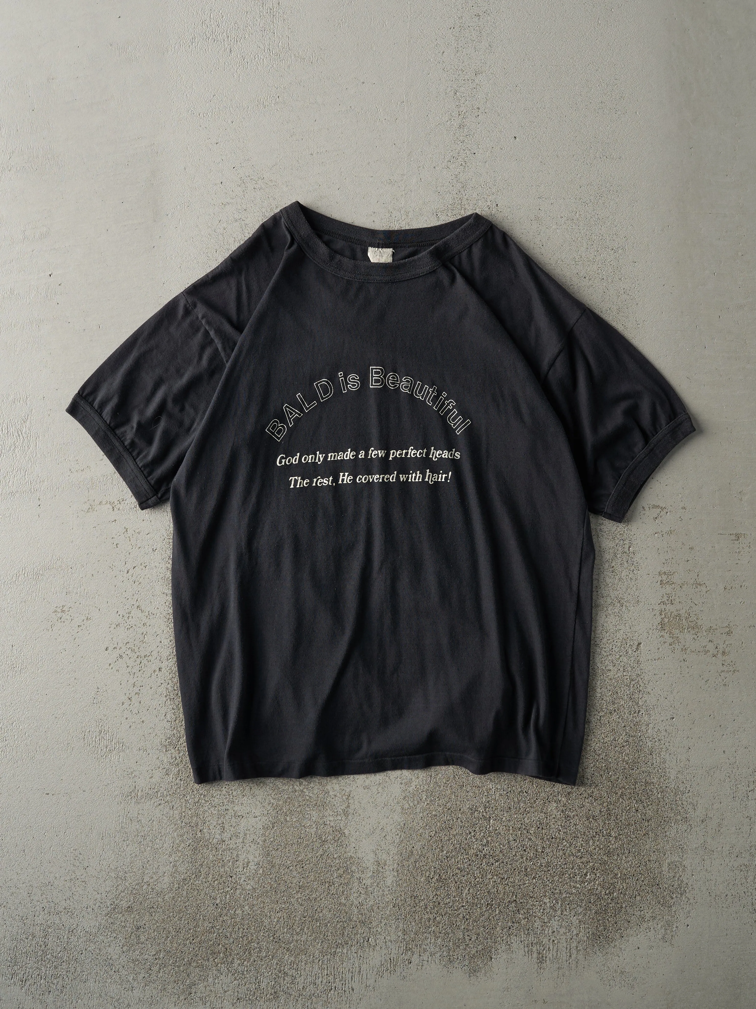 Vintage 80s Black "Bald Is Beautiful" Ringer Tee (M/L) sold by Rebalance Vintage