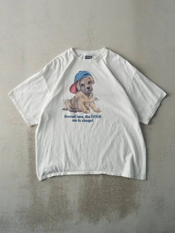 Vintage 90s White "The Dogs Are In Charge" Tee (L) sold by Rebalance Vintage