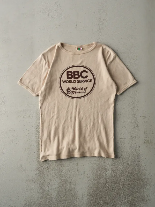 Vintage 80s Beige BBC World Service Ringer Tee (S) sold by Rebalance Vintage