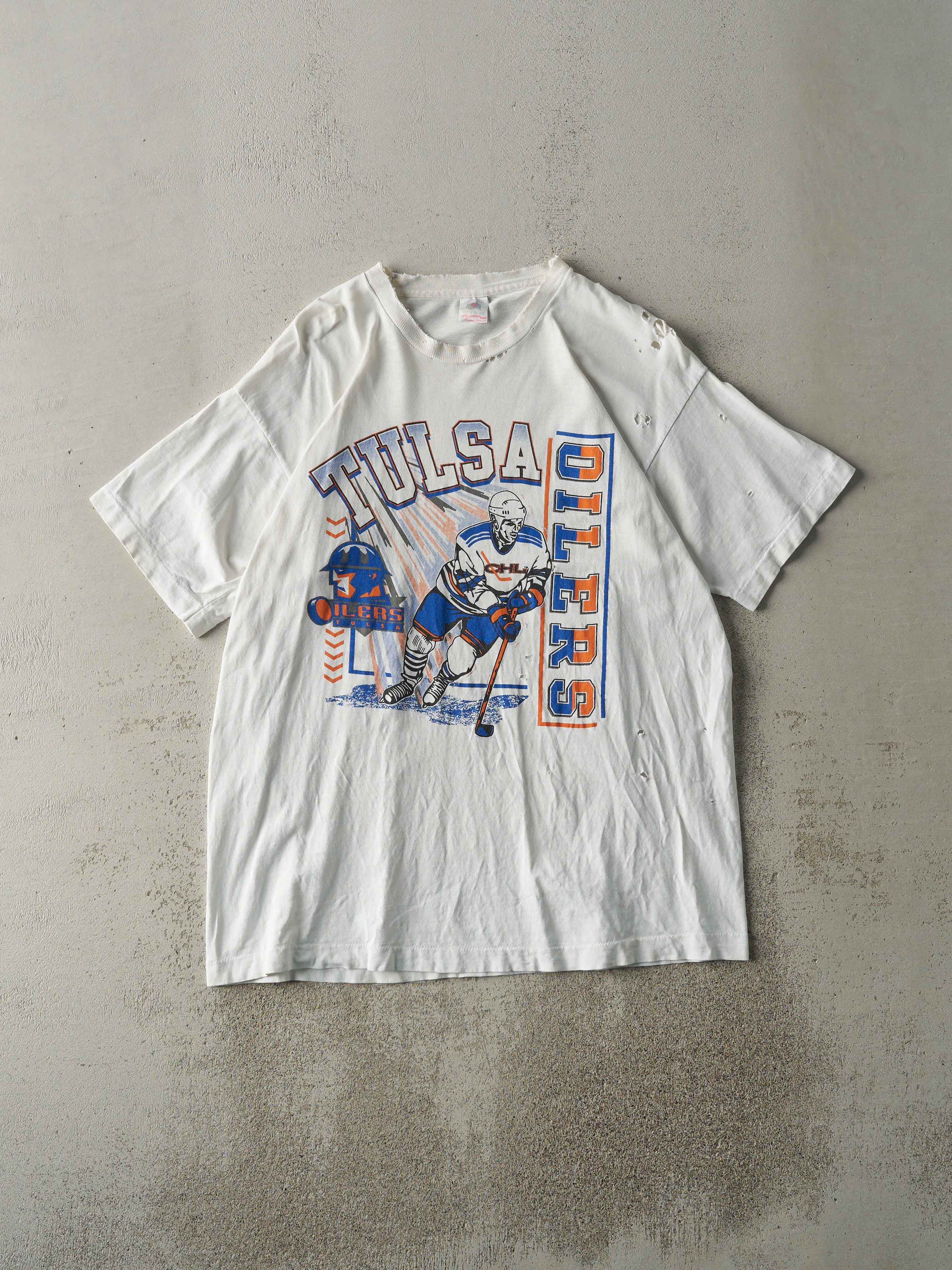 Vintage 90s White Tulsa Oilers Tee (M/L) sold by Rebalance Vintage