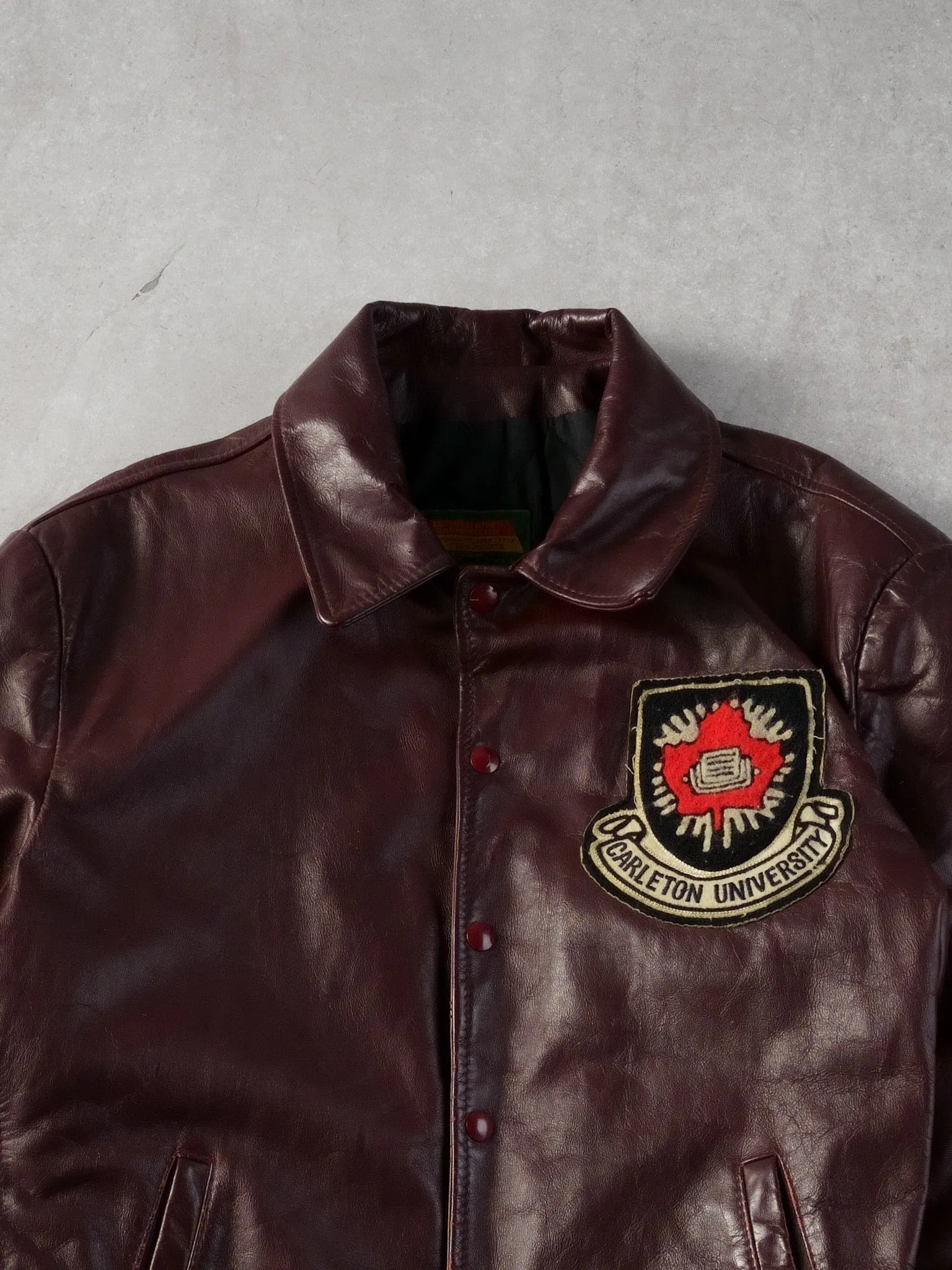 Vintage 89' Maroon Carleton University Emblem Collared Leather Jacket (M/L) sold by Rebalance Vintage product image thumbnail 3