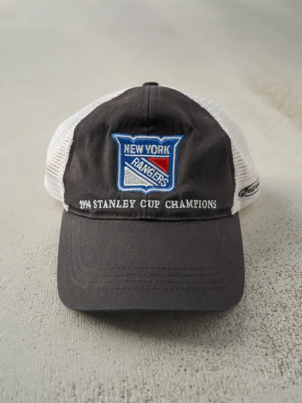 Vintage 94' Black & White Embroidered New York Rangers Stanley Cup Champions Mesh Snapback Hat sold by Rebalance Vintage