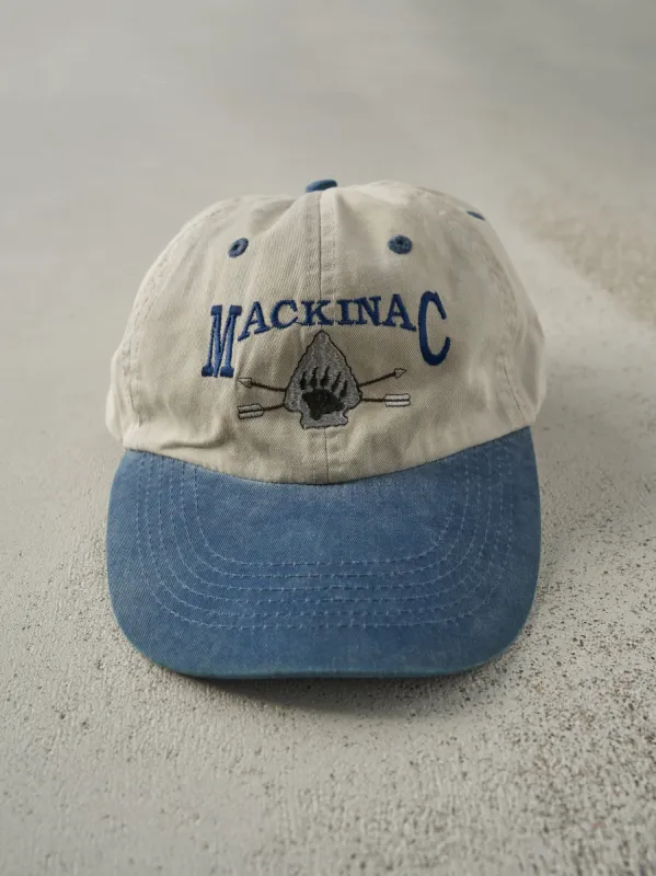 Vintage 90s Beige & Blue Embroidered Mackinac Strap Back Hat sold by Rebalance Vintage