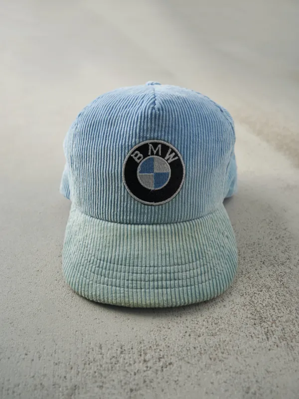 Vintage 80s Blue Embroidered BMW Logo Corduroy Snapback Hat sold by Rebalance Vintage