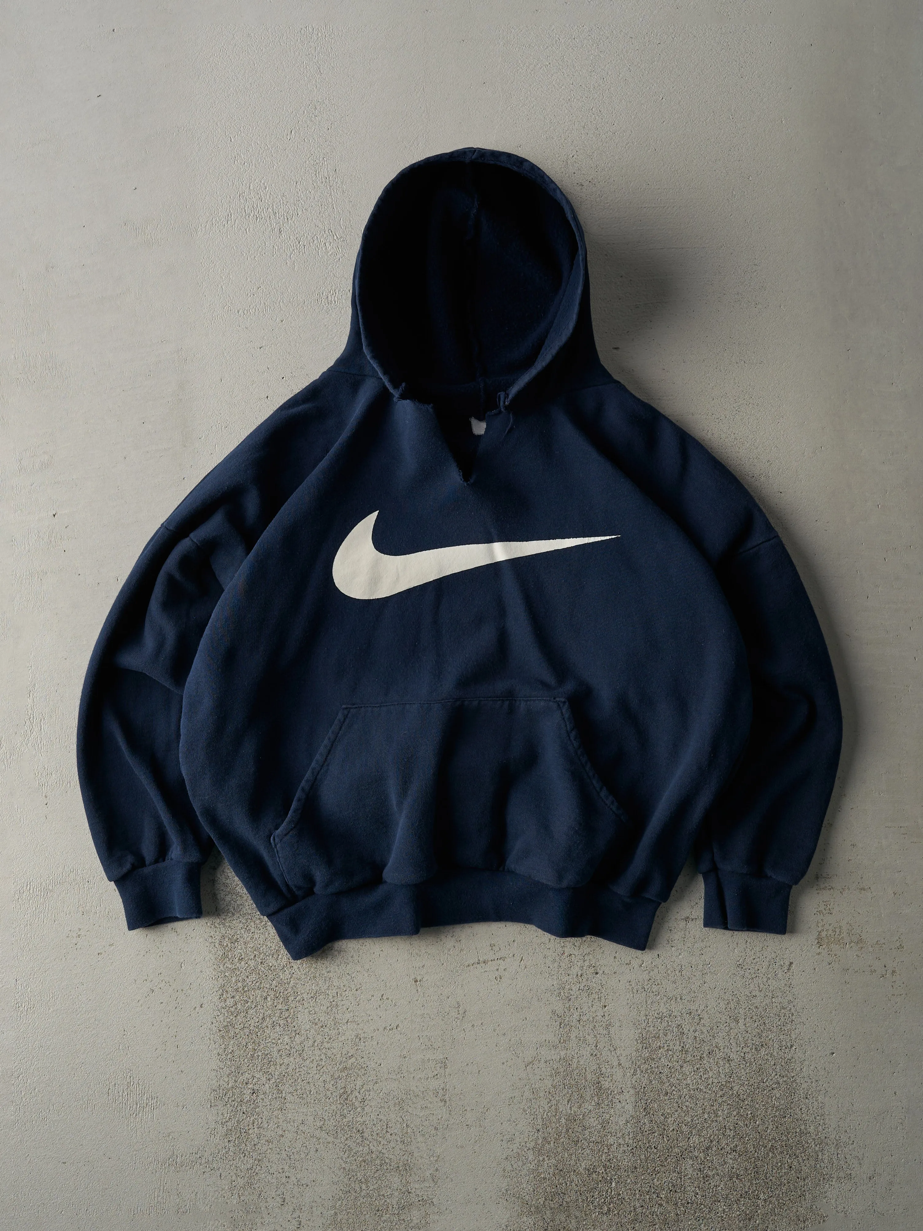 Vintage 90s Navy Blue Nike Big Swoosh Wide Hoodie (M) sold by Rebalance Vintage