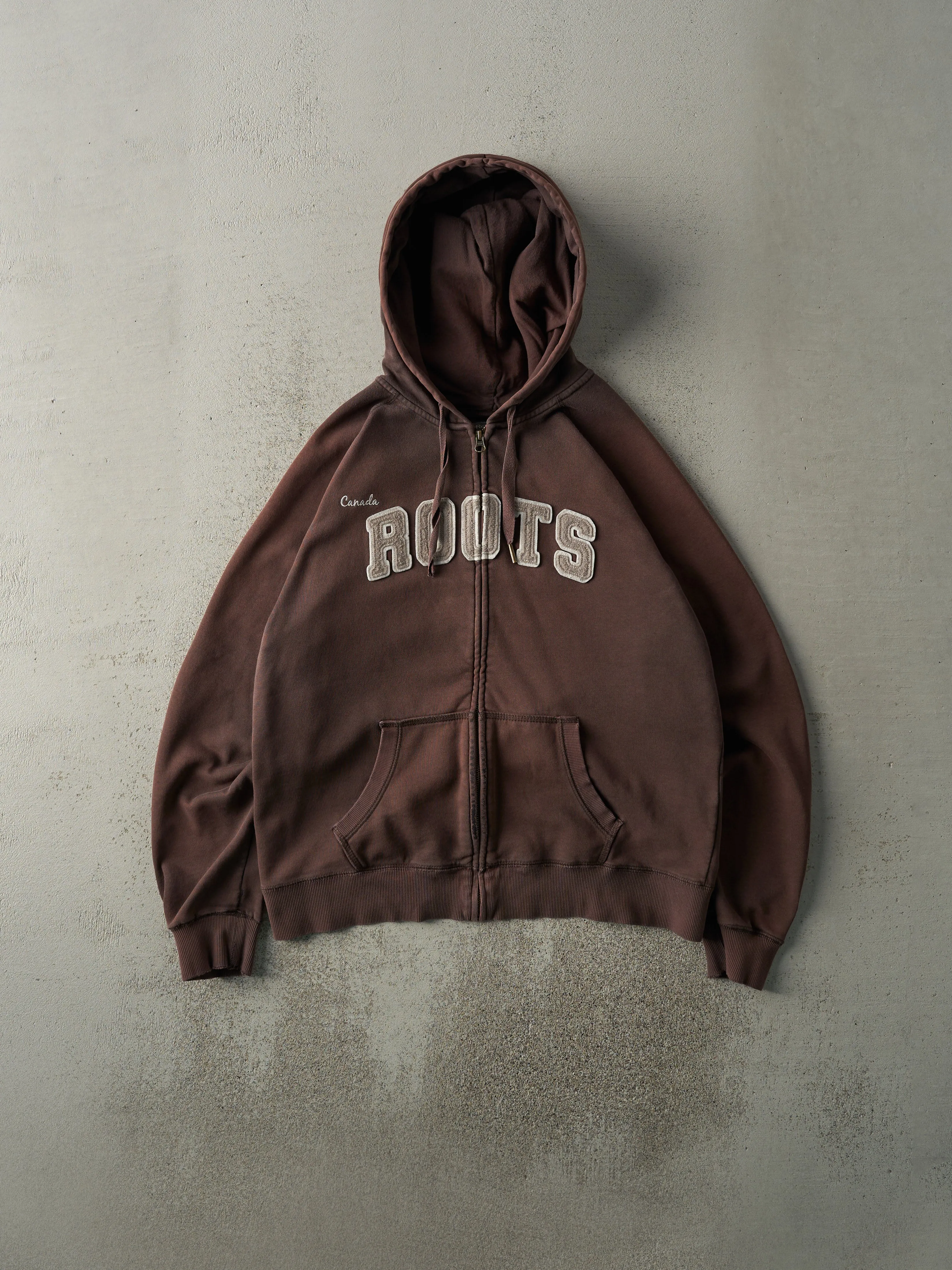 Vintage Y2K Sun Faded Brown Roots Athletics Zip Up Boxy Hoodie (M) sold by Rebalance Vintage