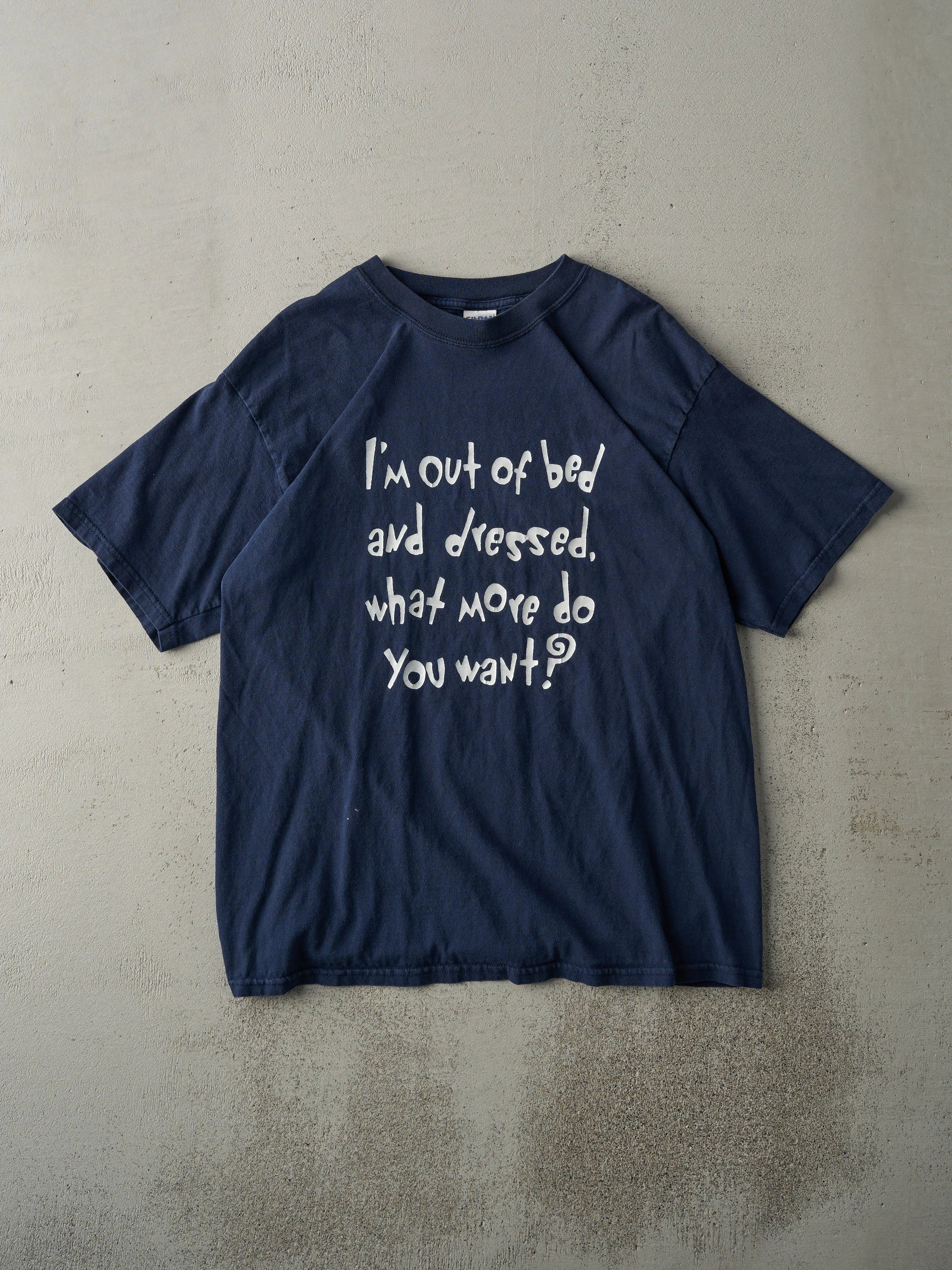 Vintage Y2K Navy Blue "I'm Out of Bed and Dressed" Tee (M) sold by Rebalance Vintage