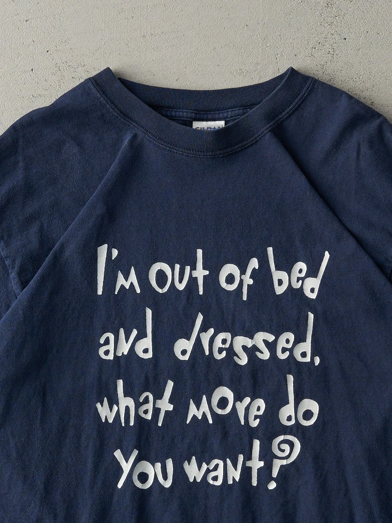 Vintage Y2K Navy Blue "I'm Out of Bed and Dressed" Tee (M) sold by Rebalance Vintage product image thumbnail 2