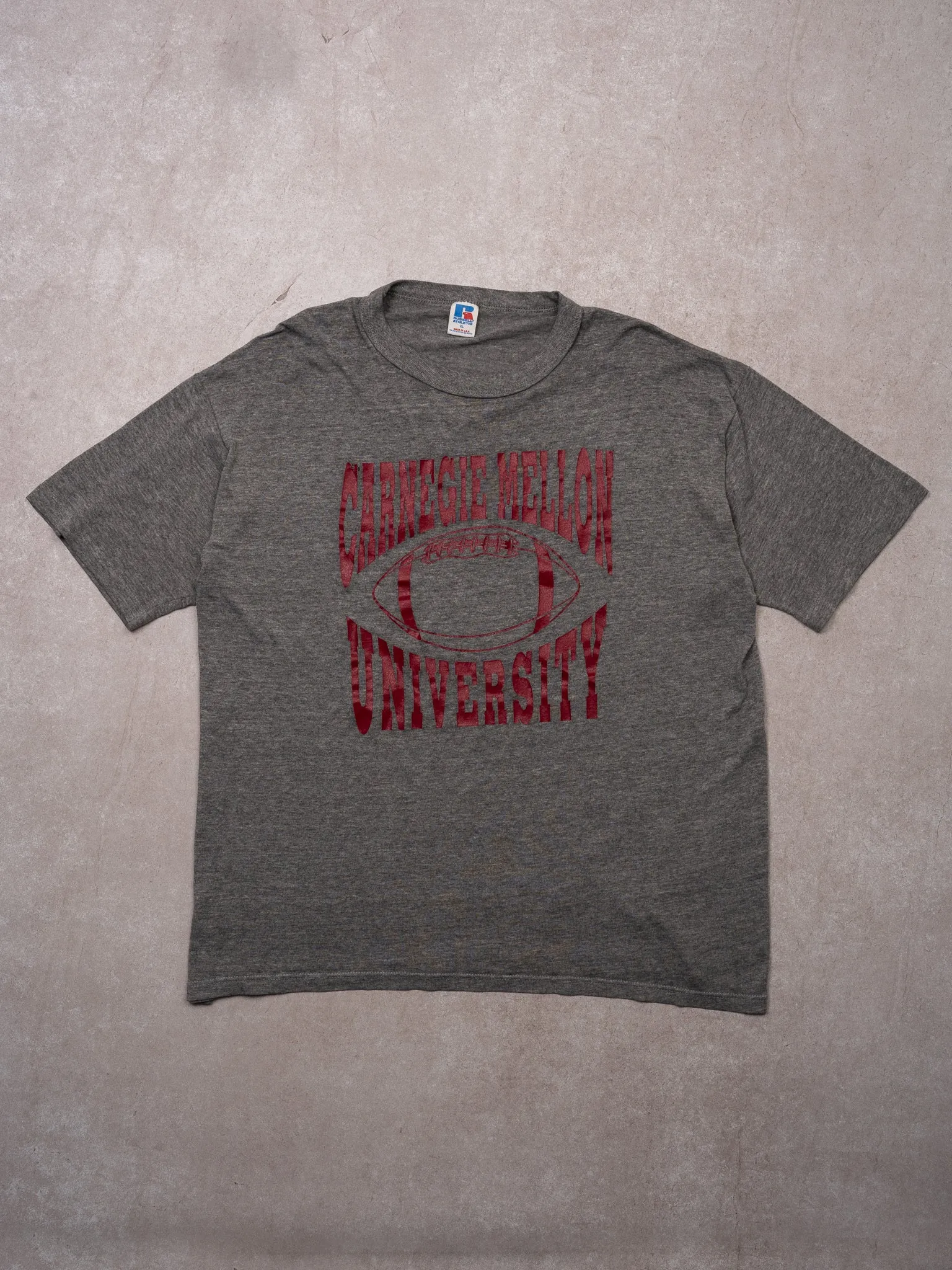 Vintage 80s Grey Carnegie Mellon University Football x Russell Athletics Tee (M) sold by Rebalance Vintage