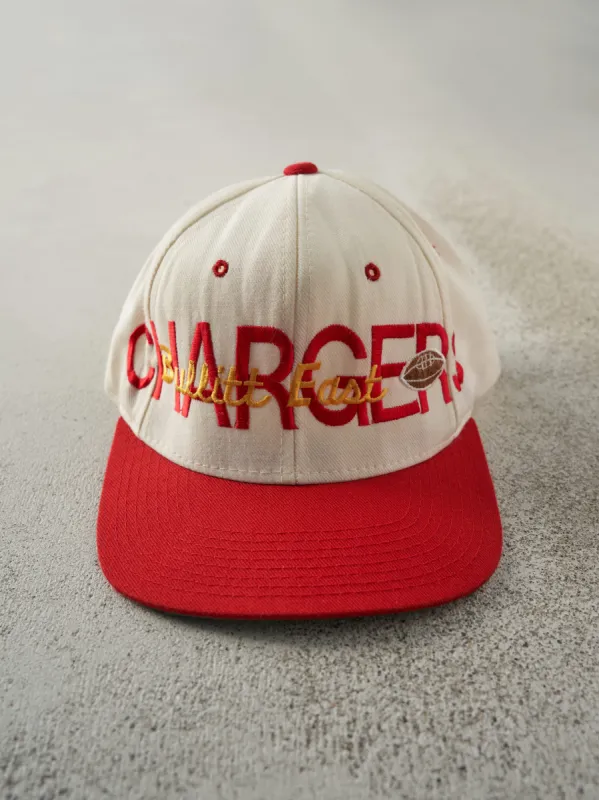 Vintage 90s Beige & Red Embroidered Chargers Football Snapback sold by Rebalance Vintage