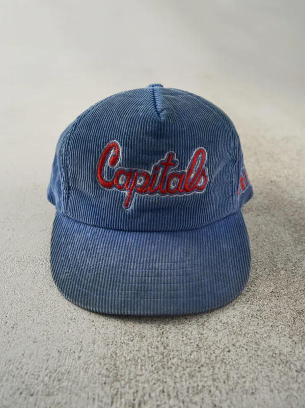 Vintage 80s Blue Embroidered Capitals Corduroy Snapback Hat sold by Rebalance Vintage