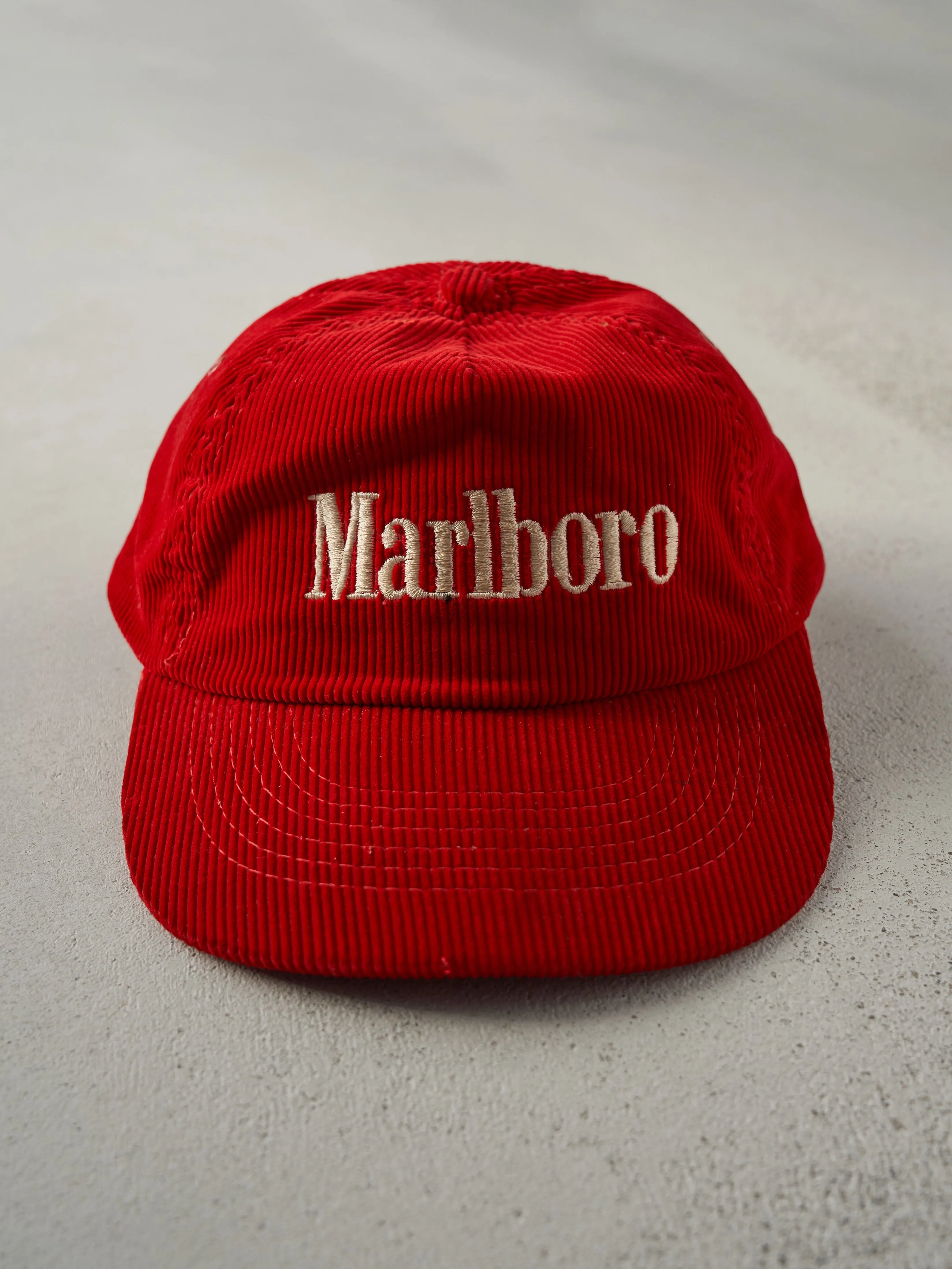 Vintage 80s Red Corduroy Marlboro Embroidered Snapback Hat sold by Rebalance Vintage
