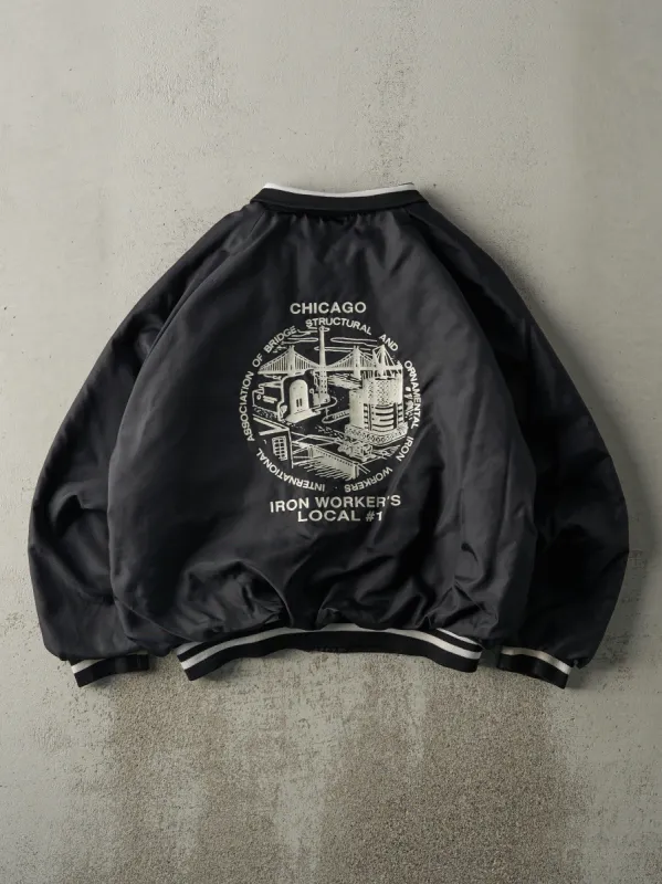 Vintage 80s Black Chicago Iron Workers Nylon Bomber Jacket (L/XL) sold by Rebalance Vintage