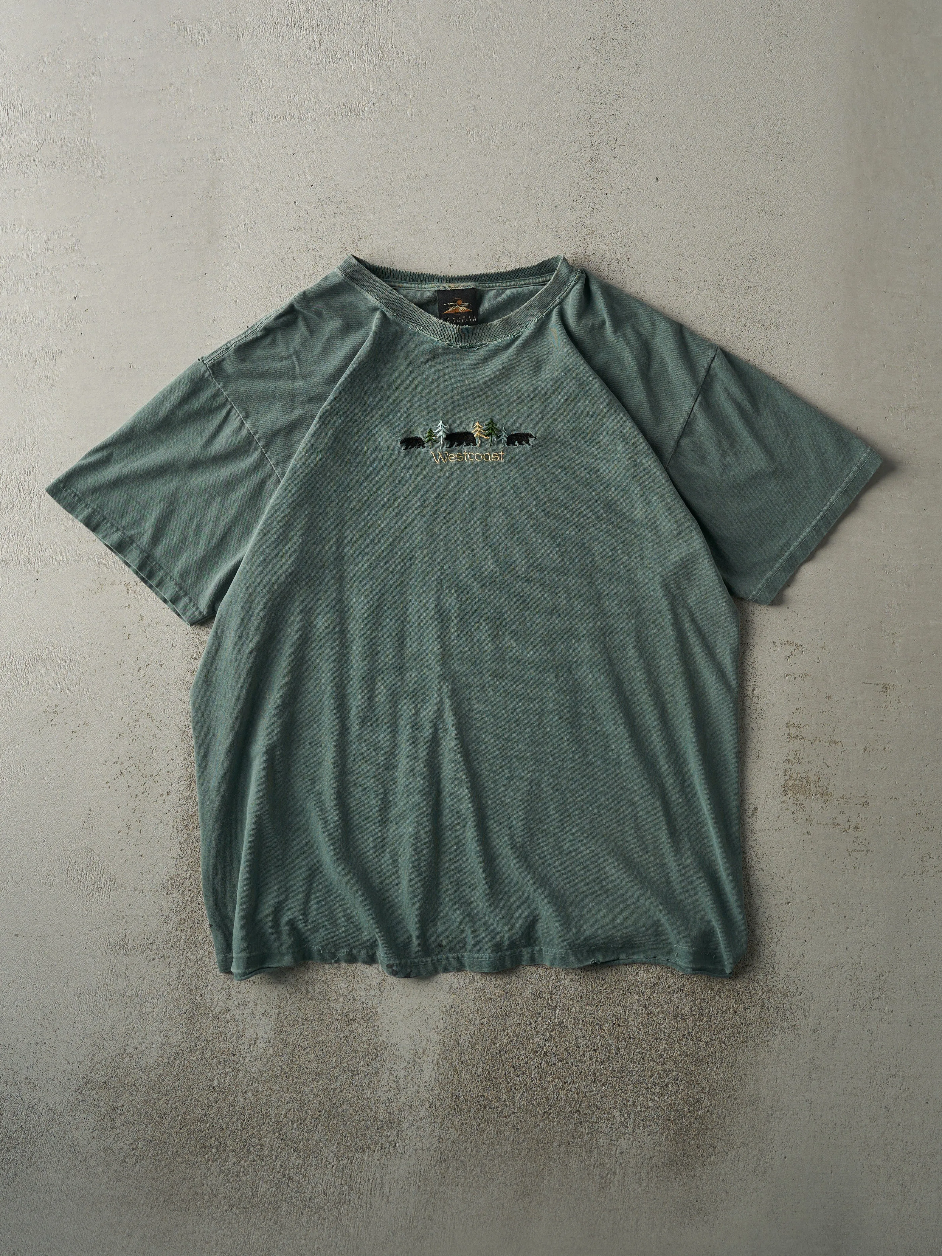 Vintage 90s Washed Green Embroidered West Coast Tee (L) sold by Rebalance Vintage