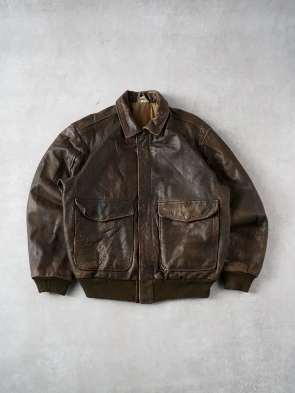 Vintage 80s Washed Brown Collared Leather Jacket (M) sold by Rebalance Vintage