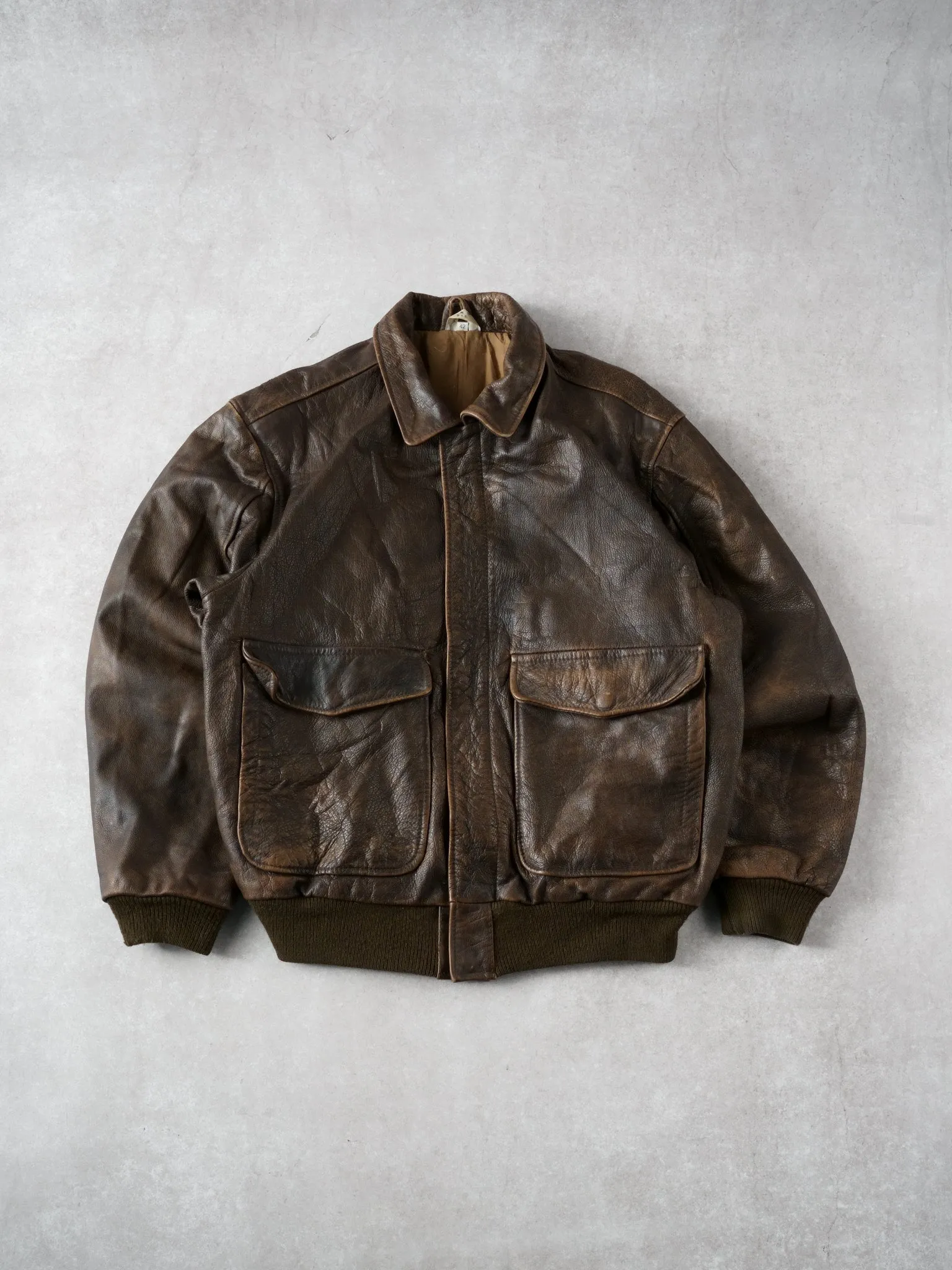 Vintage 80s Washed Brown Collared Leather Jacket (M) sold by Rebalance Vintage