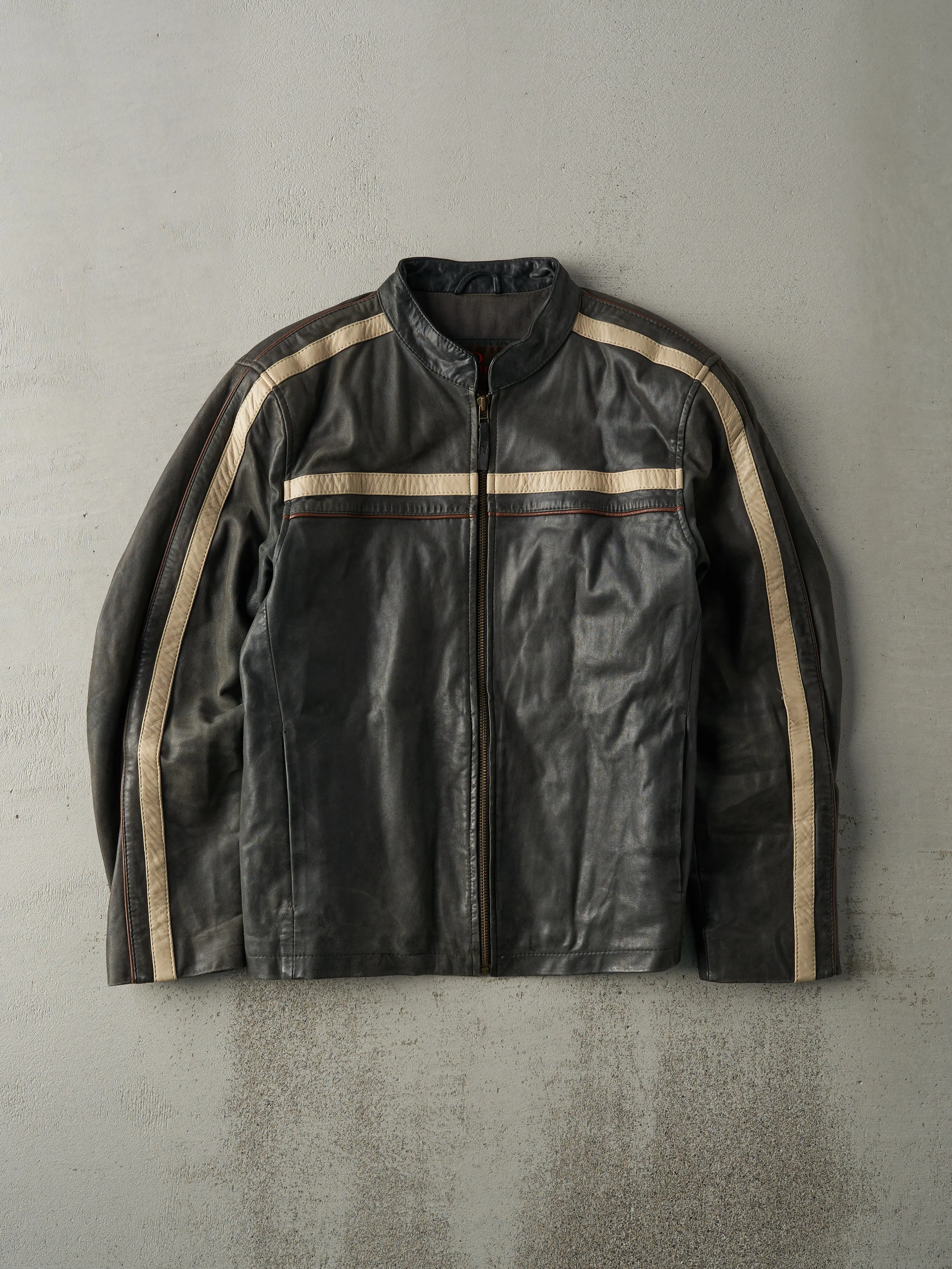 Vintage Y2K Grey and Beige Danier Leather Jacket (S/M) sold by Rebalance Vintage