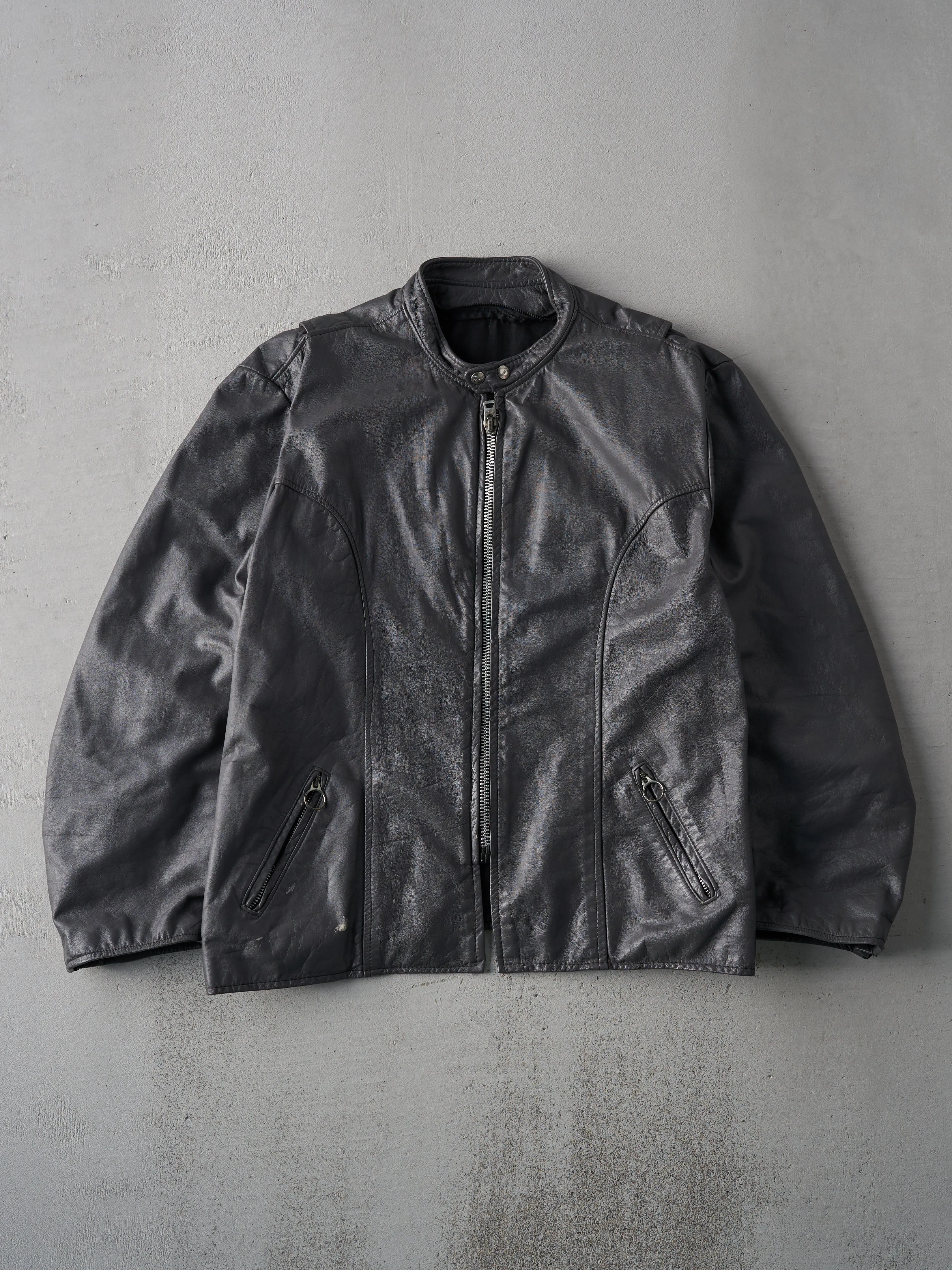 Vintage 90s Grey Brookes Leather Sportswear Biker Jacket (L/XL) sold by Rebalance Vintage