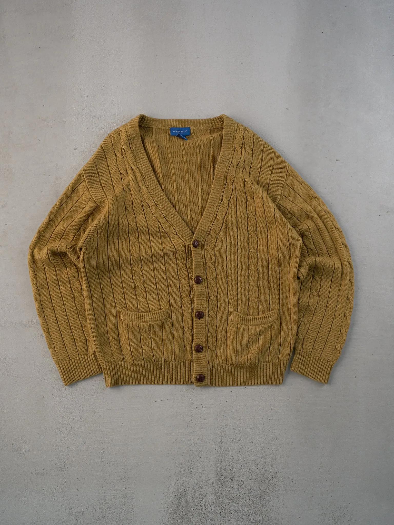 Vintage 90s Mustard Yellow Towncraft Knit Cardigan (L) sold by Rebalance Vintage