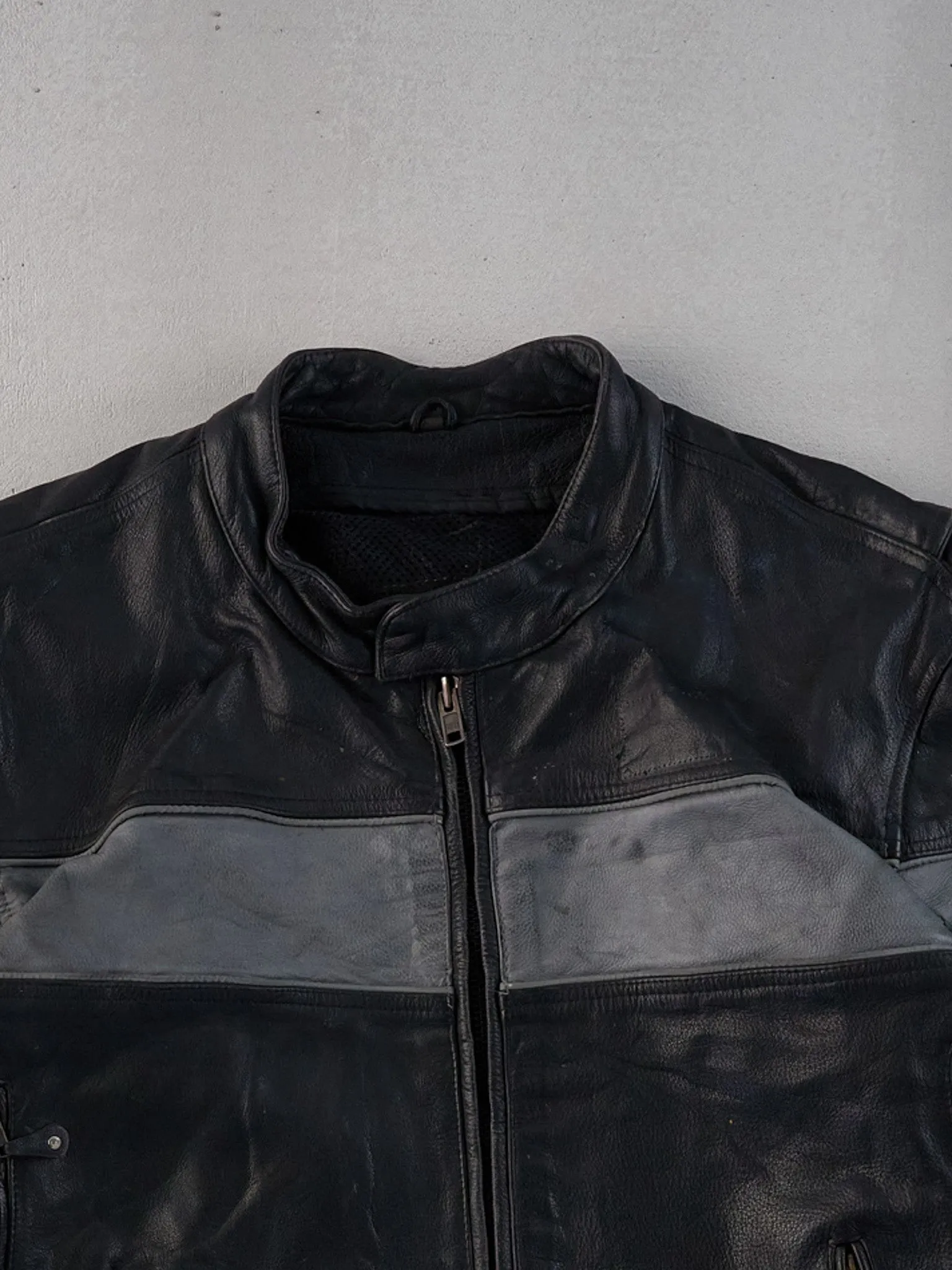 Vintage 90s Black and Grey Leather Racing Jacket (L/XL) sold by Rebalance Vintage product image thumbnail 3
