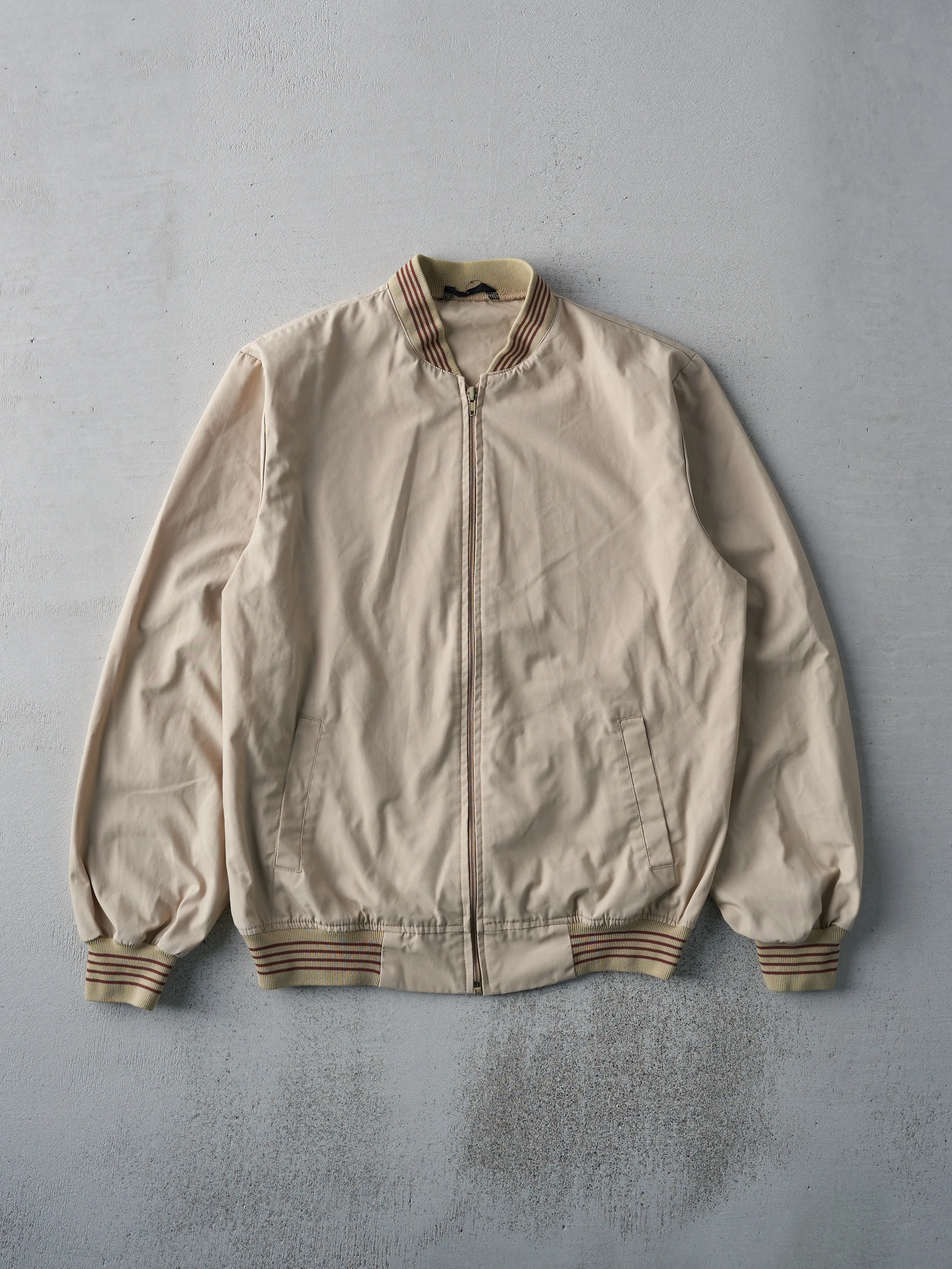 Vintage 90s Beige Striped Collared Bomber Jacket (M) sold by Rebalance Vintage