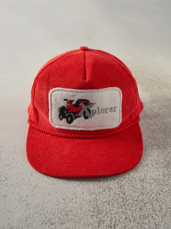 Vintage 80s Red Corduroy Xplorer Snapback Hat sold by Rebalance Vintage